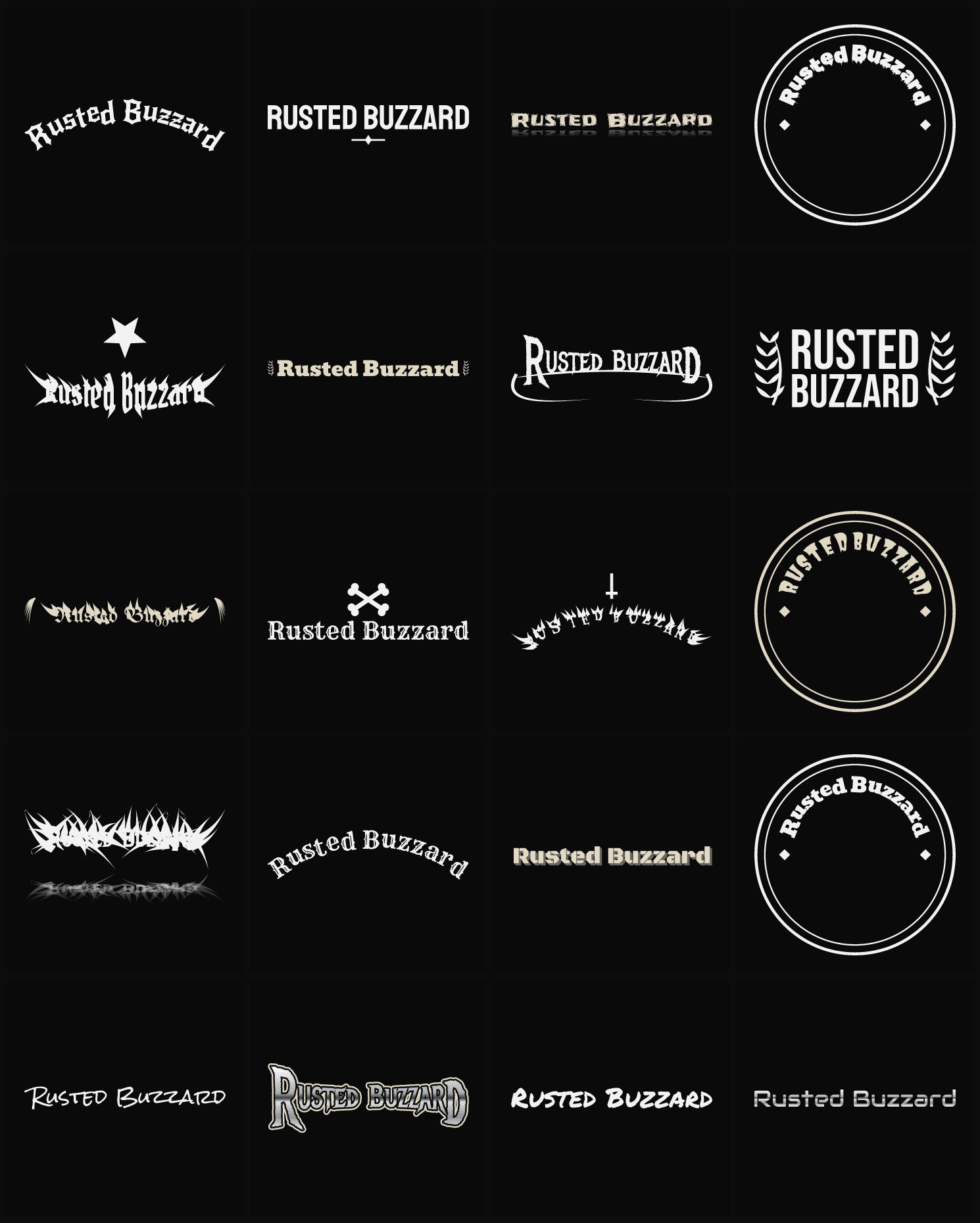 Twenty Rusted Buzzard band logo ideas — different faces, treatments and spike settings