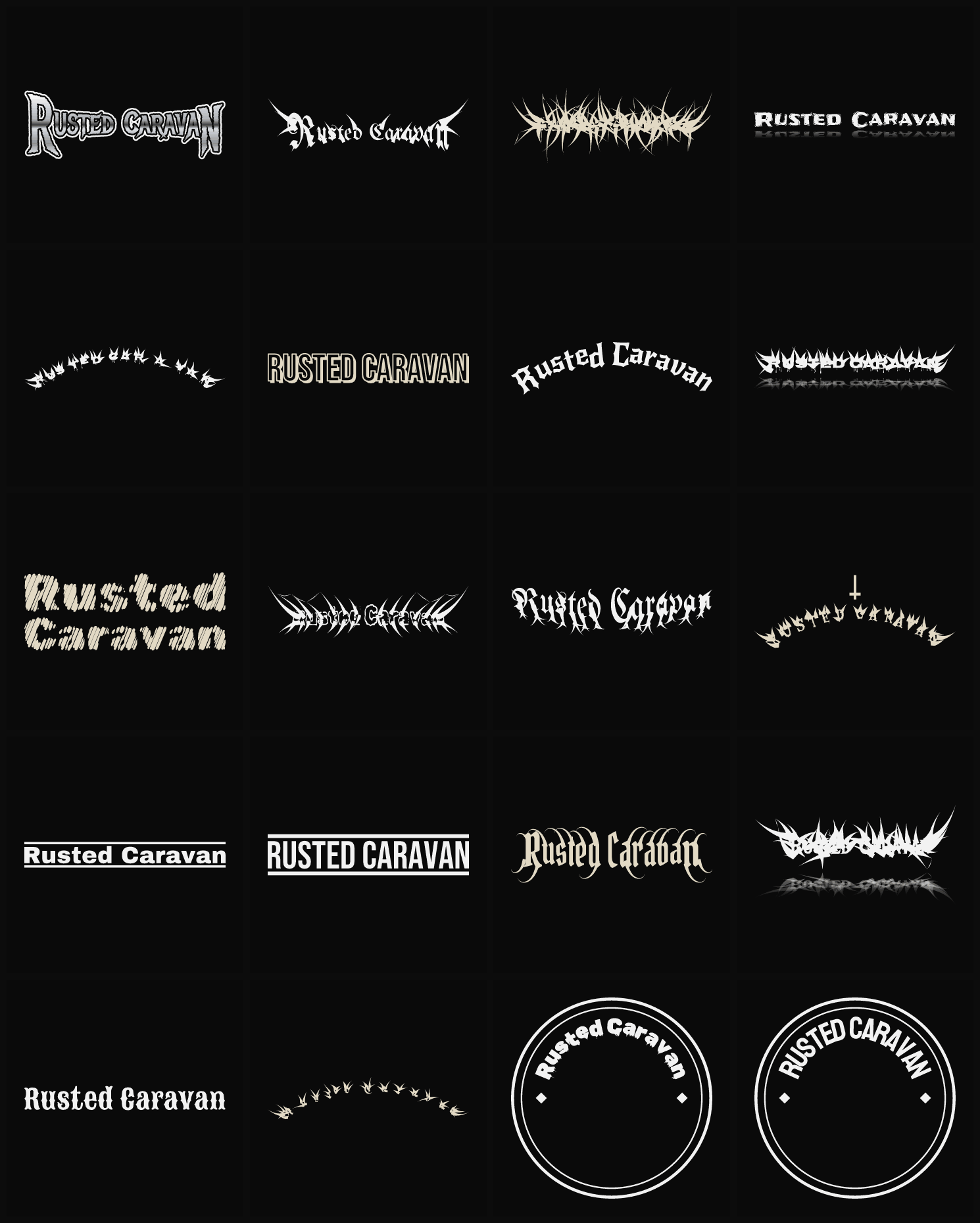Twenty Rusted Caravan band logo ideas — different faces, treatments and spike settings