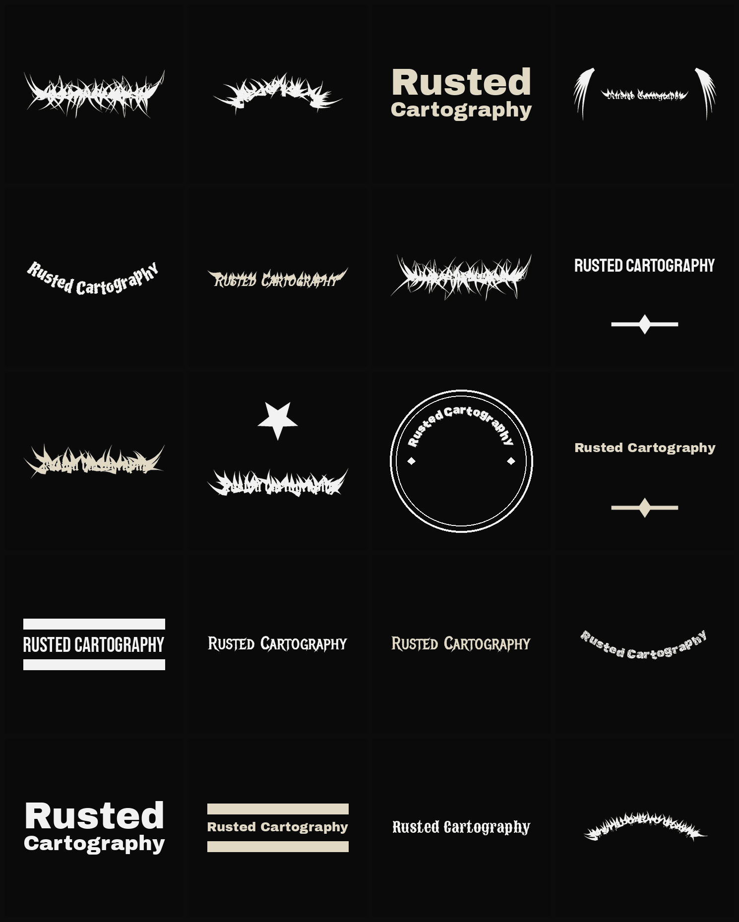 Twenty Rusted Cartography band logo ideas — different faces, treatments and spike settings