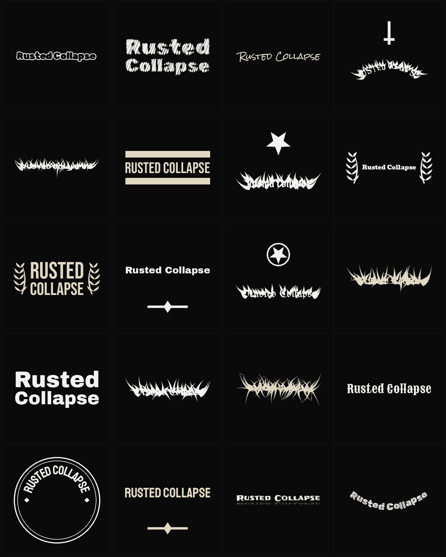 Twenty Rusted Collapse band logo ideas — different faces, treatments and spike settings