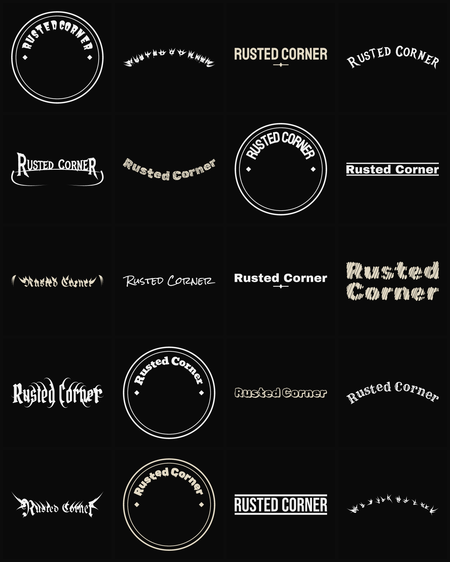 Twenty Rusted Corner band logo ideas — different faces, treatments and spike settings