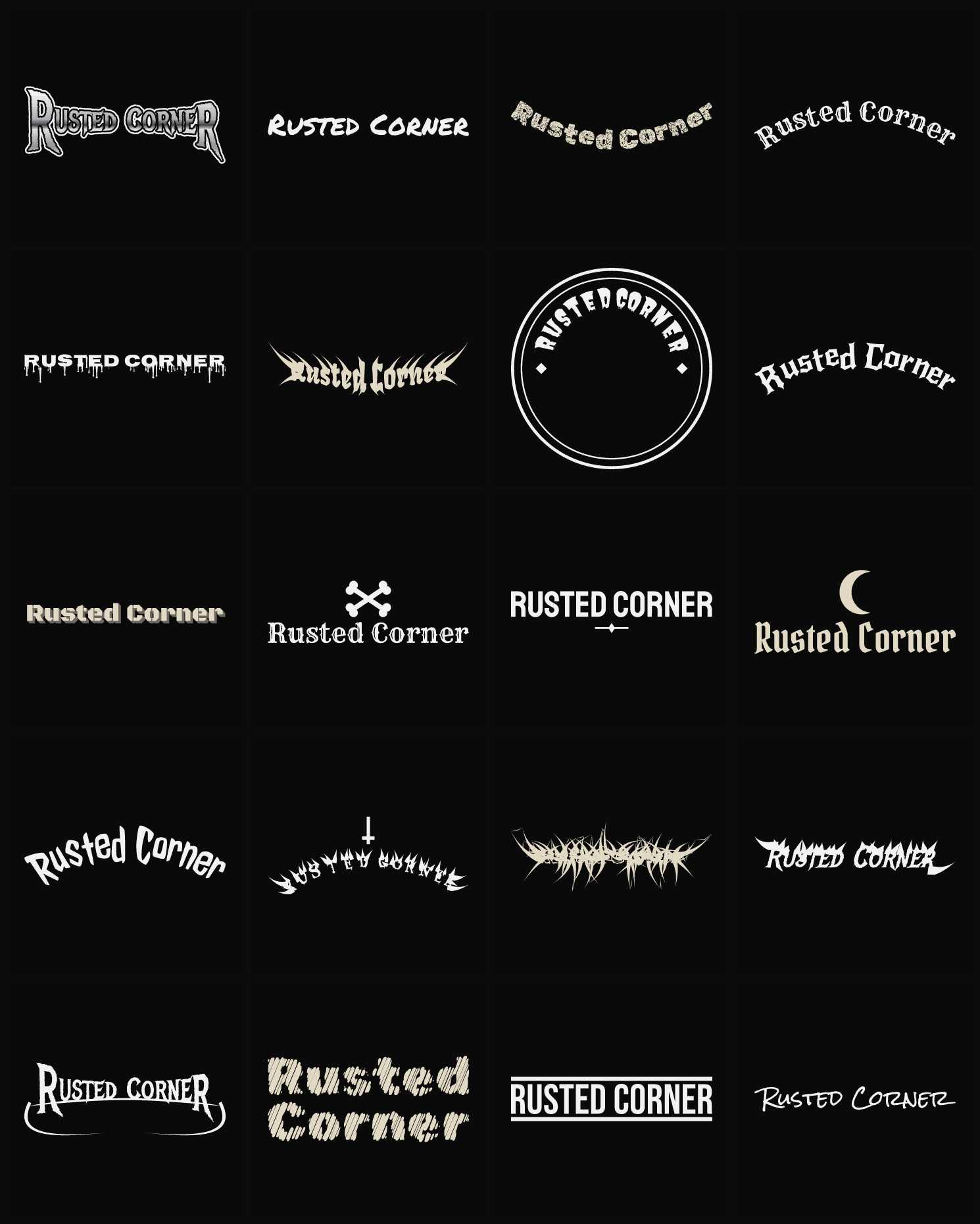 Twenty Rusted Corner band logo ideas — different faces, treatments and spike settings