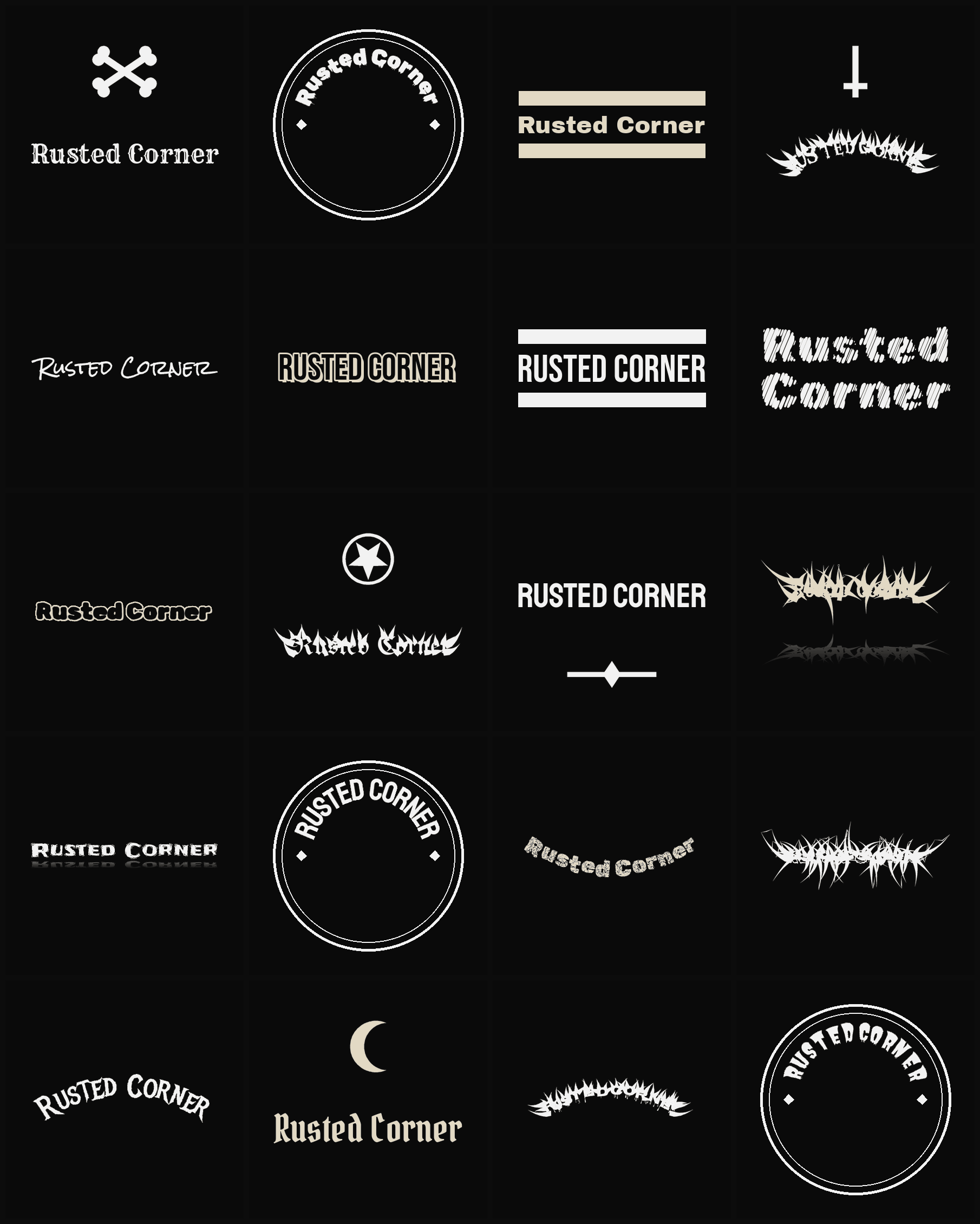 Twenty Rusted Corner band logo ideas — different faces, treatments and spike settings