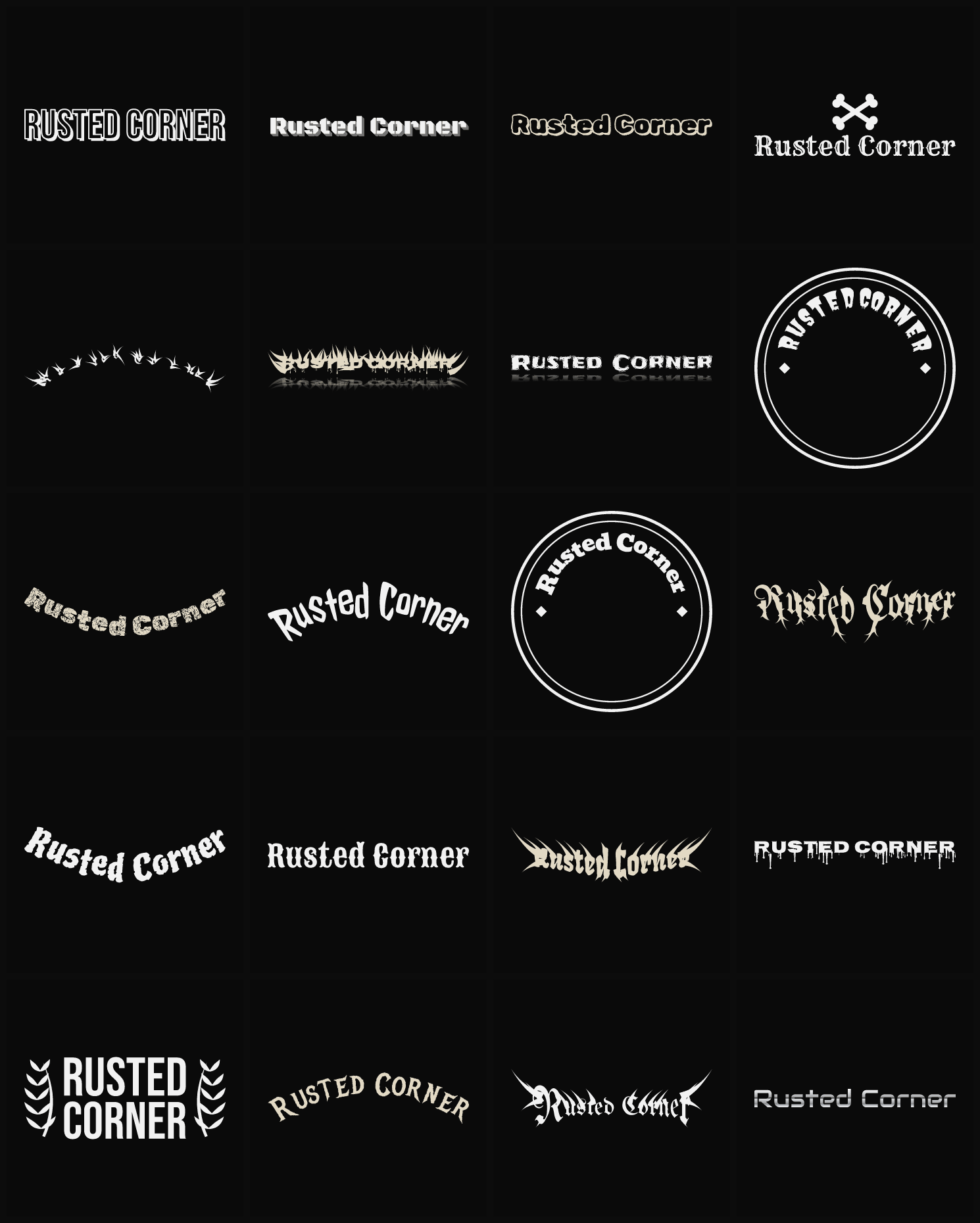 Twenty Rusted Corner band logo ideas — different faces, treatments and spike settings