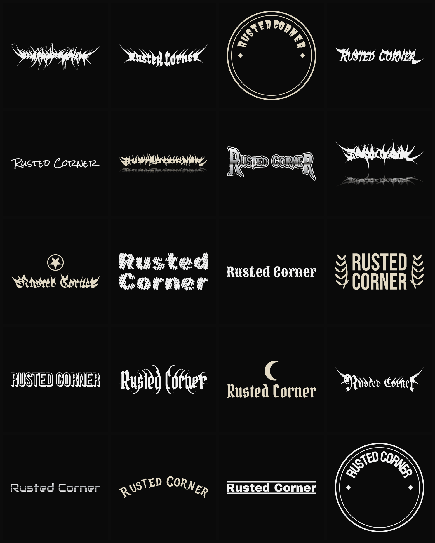 Twenty Rusted Corner band logo ideas — different faces, treatments and spike settings