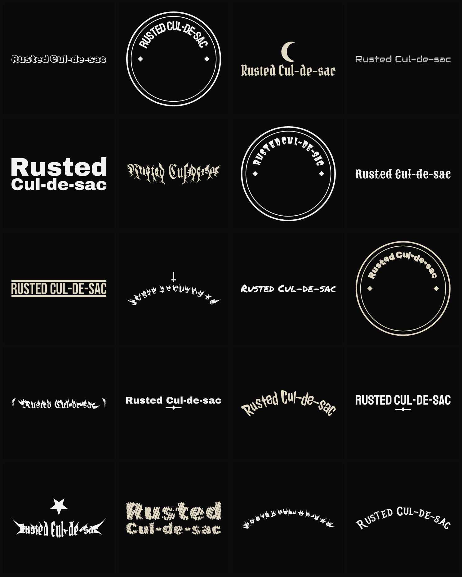 Twenty Rusted Cul-de-sac band logo ideas — different faces, treatments and spike settings