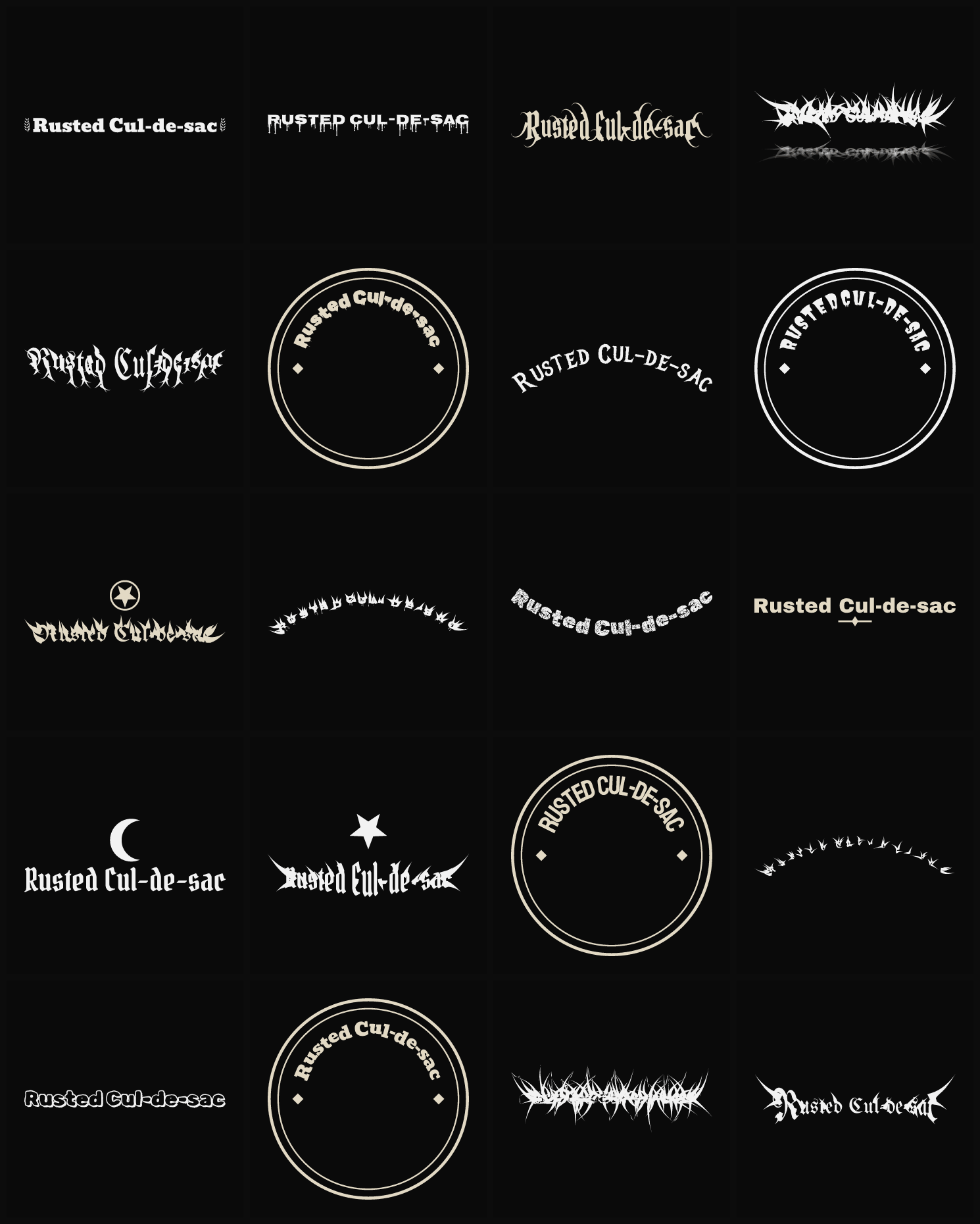 Twenty Rusted Cul-de-sac band logo ideas — different faces, treatments and spike settings