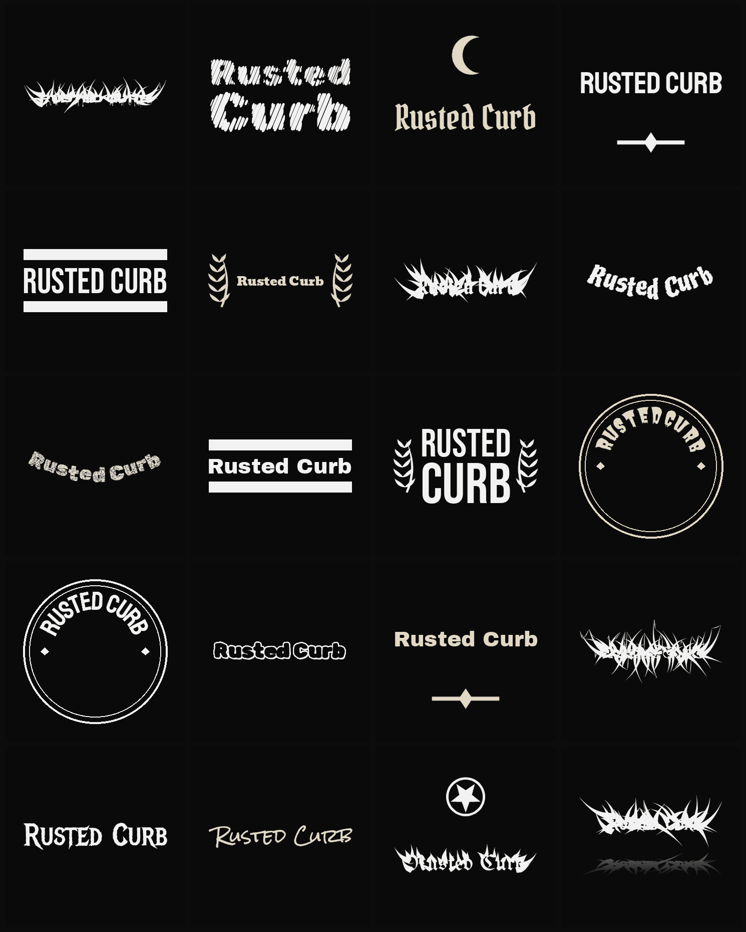 Twenty Rusted Curb band logo ideas — different faces, treatments and spike settings