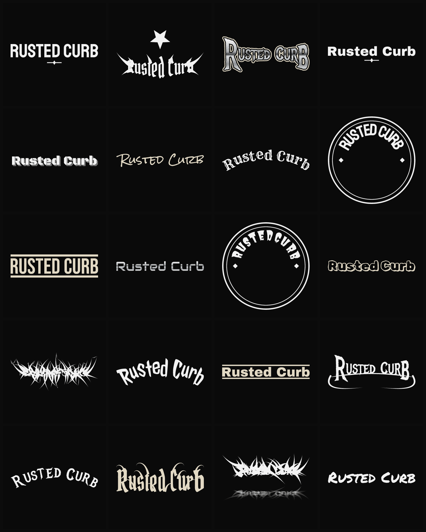 Twenty Rusted Curb band logo ideas — different faces, treatments and spike settings