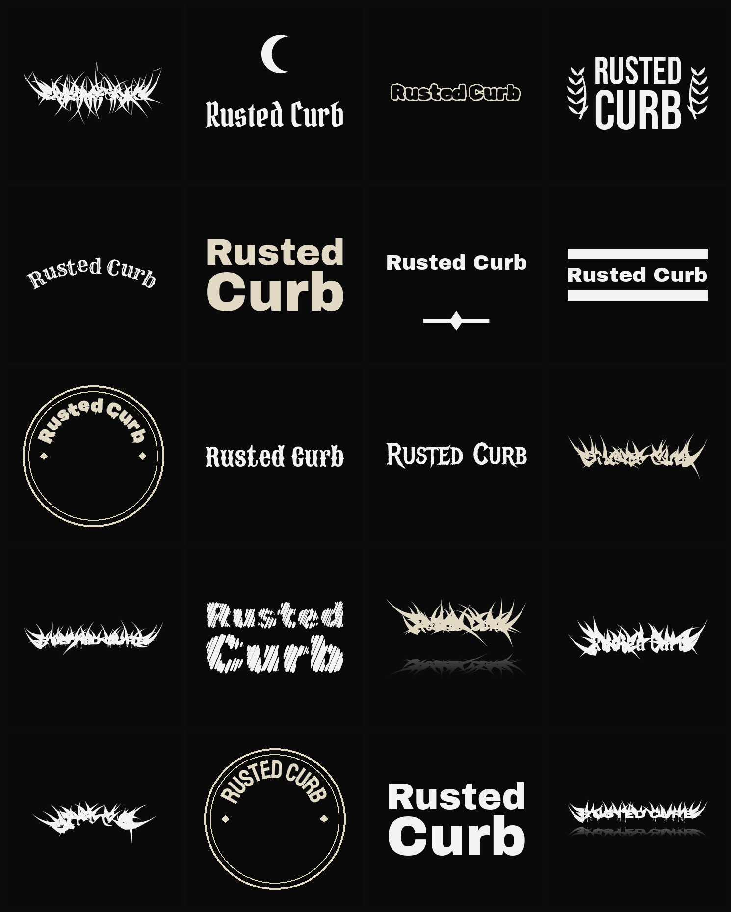 Twenty Rusted Curb band logo ideas — different faces, treatments and spike settings