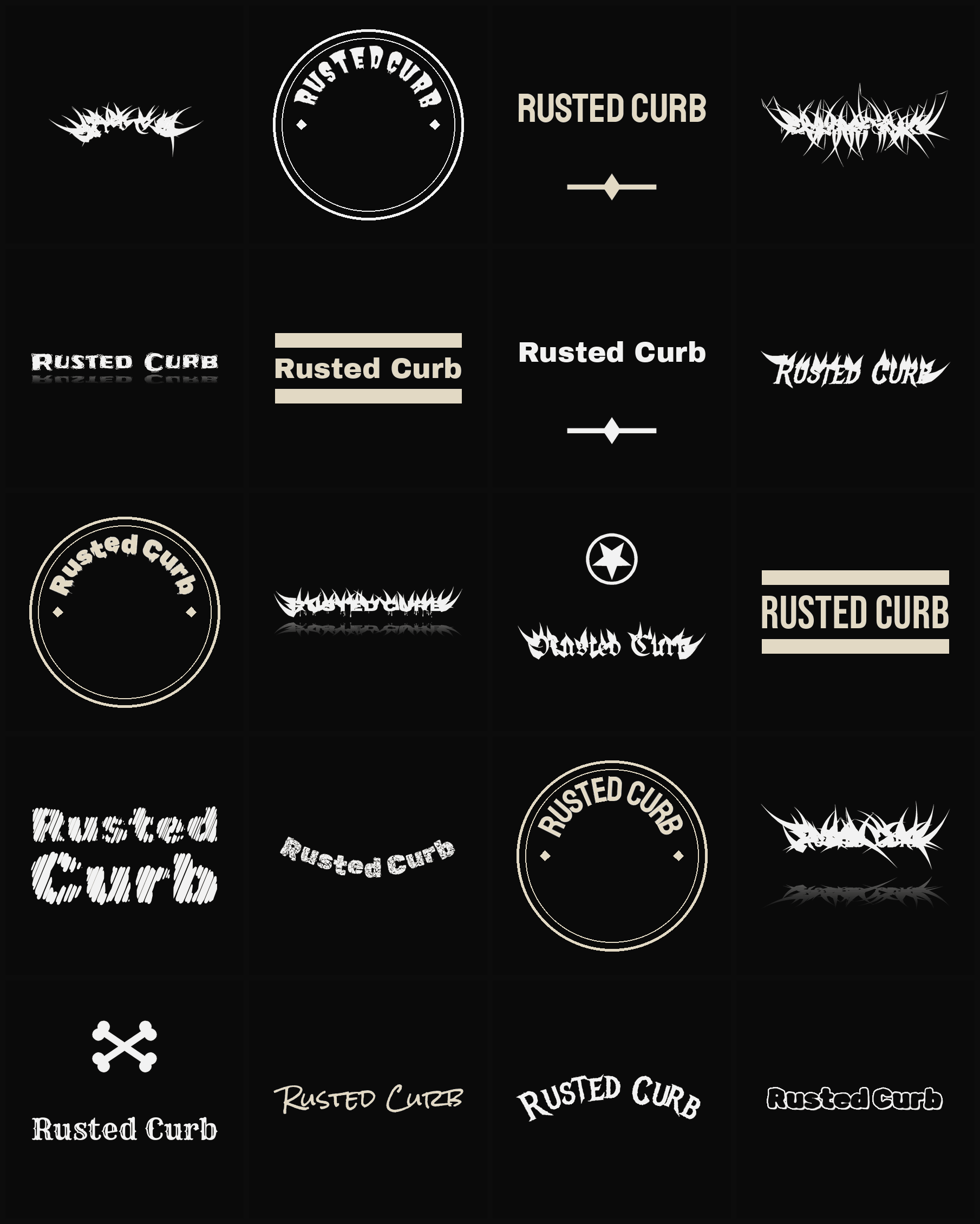 Twenty Rusted Curb band logo ideas — different faces, treatments and spike settings