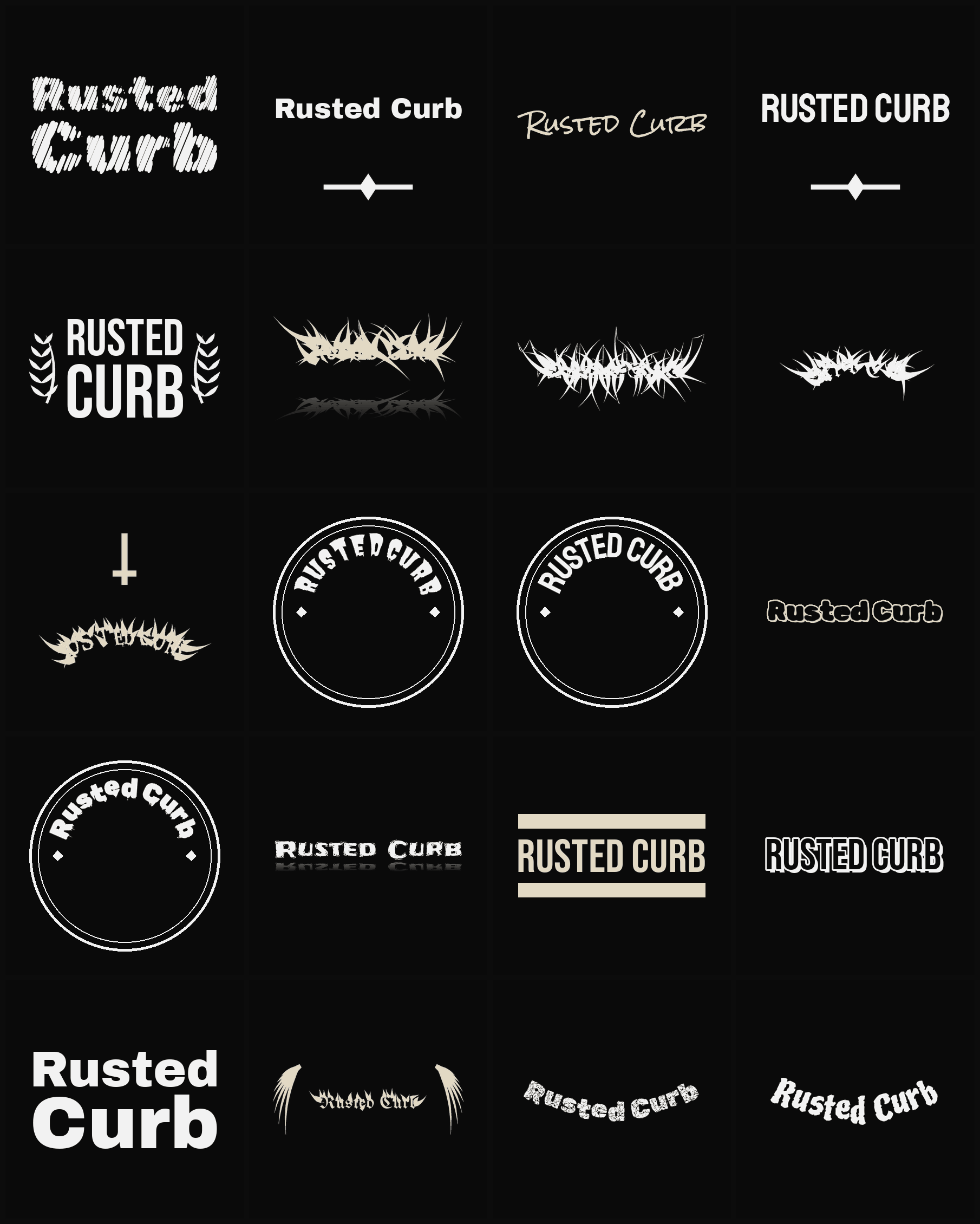 Twenty Rusted Curb band logo ideas — different faces, treatments and spike settings