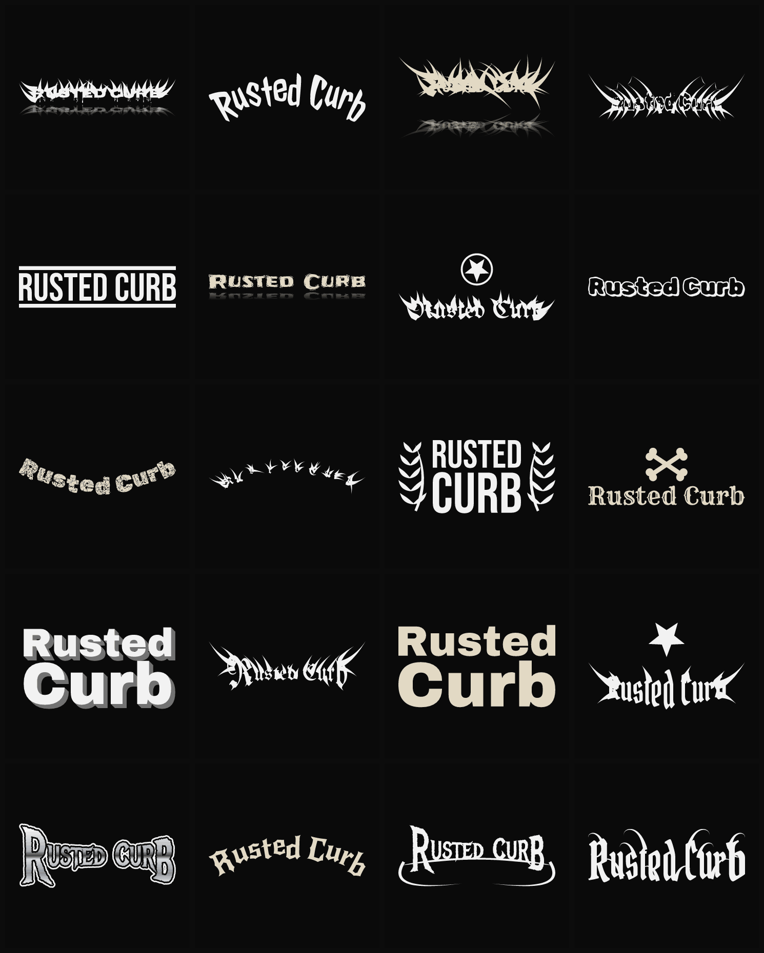 Twenty Rusted Curb band logo ideas — different faces, treatments and spike settings