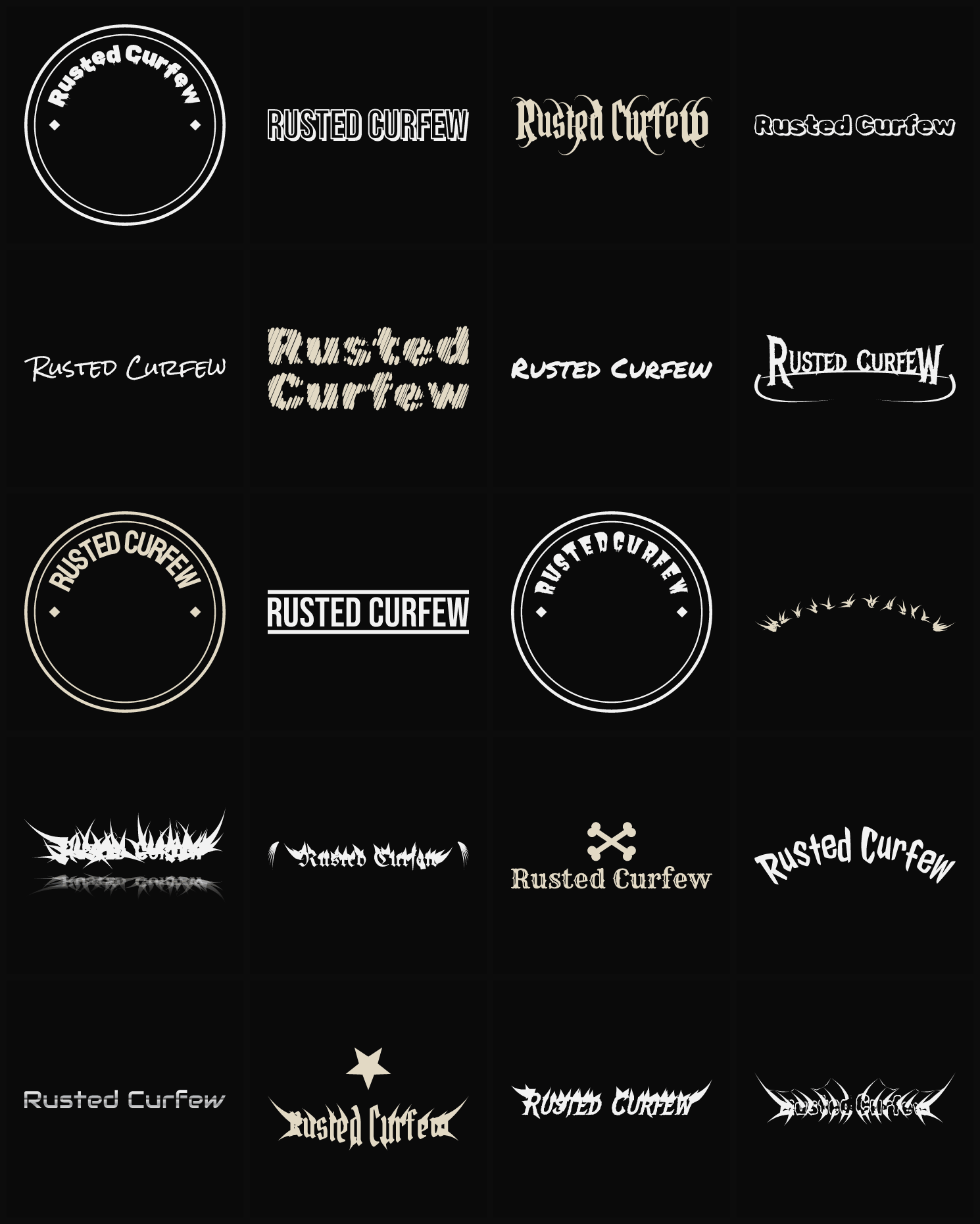 Twenty Rusted Curfew band logo ideas — different faces, treatments and spike settings