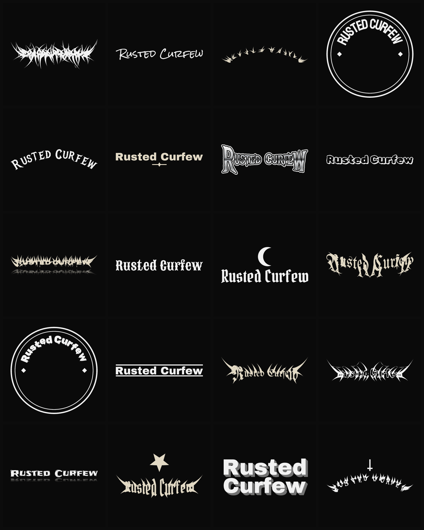Twenty Rusted Curfew band logo ideas — different faces, treatments and spike settings