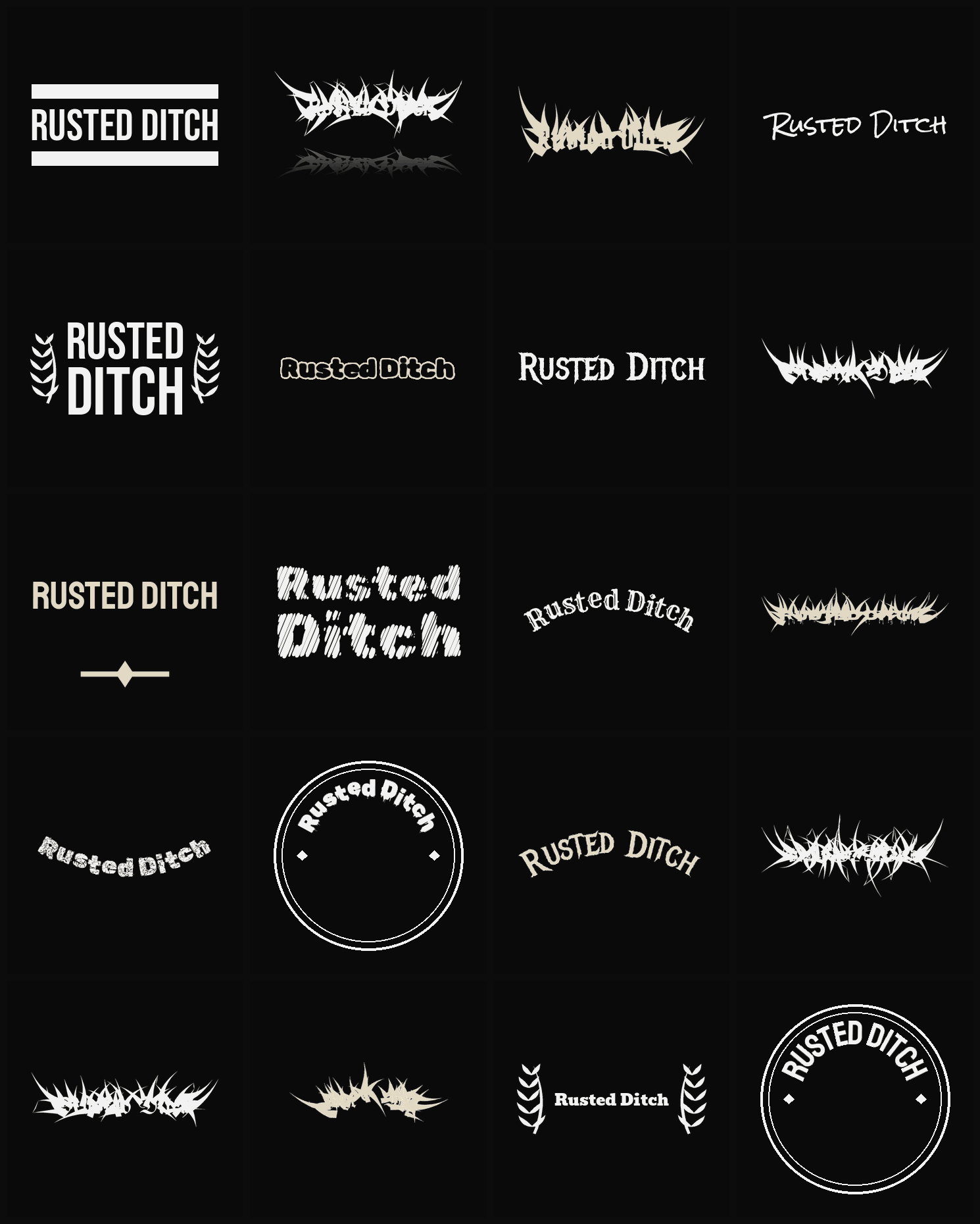 Twenty Rusted Ditch band logo ideas — different faces, treatments and spike settings