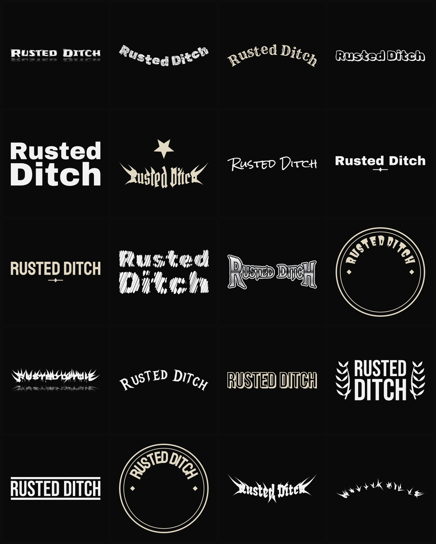 Twenty Rusted Ditch band logo ideas — different faces, treatments and spike settings