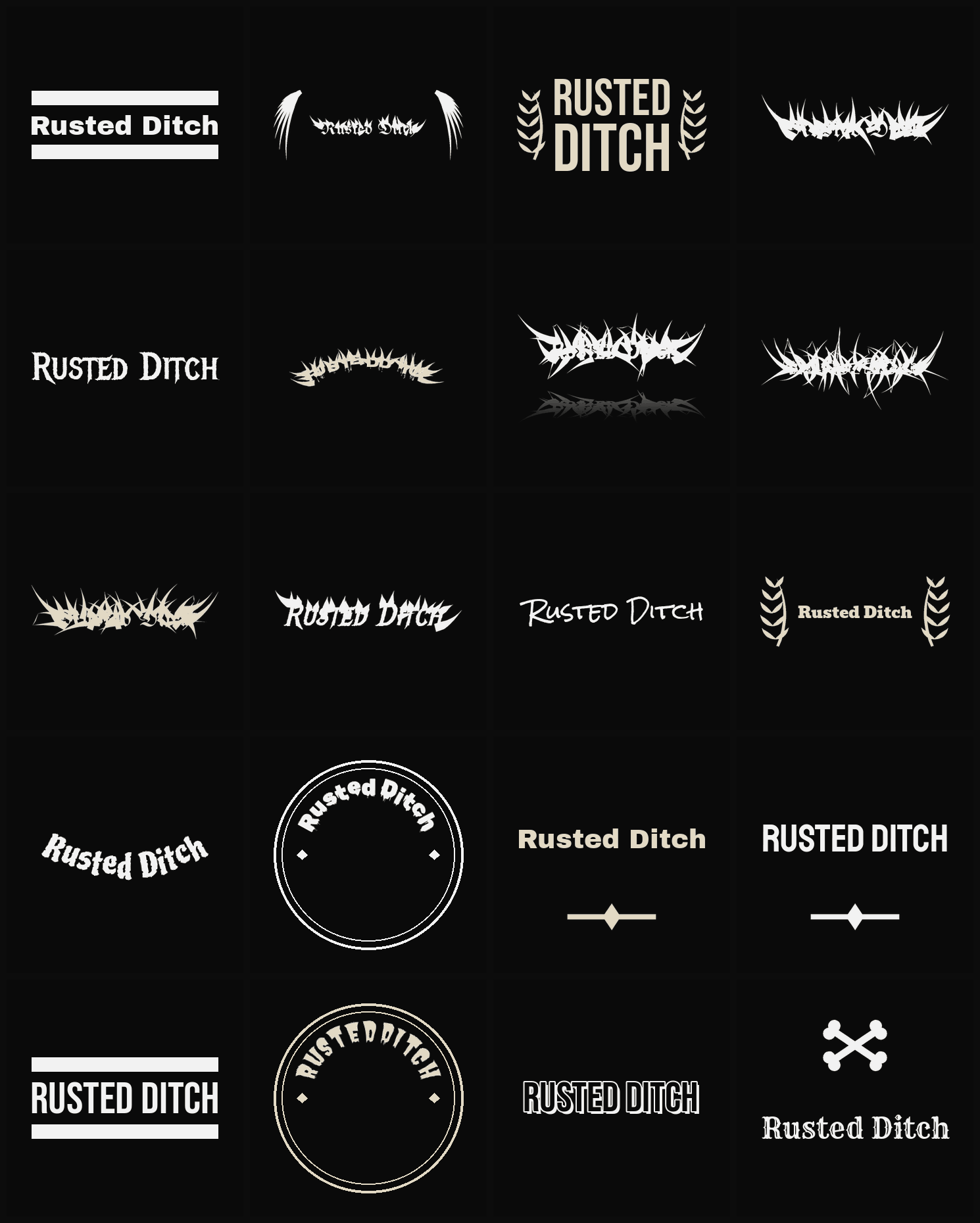 Twenty Rusted Ditch band logo ideas — different faces, treatments and spike settings
