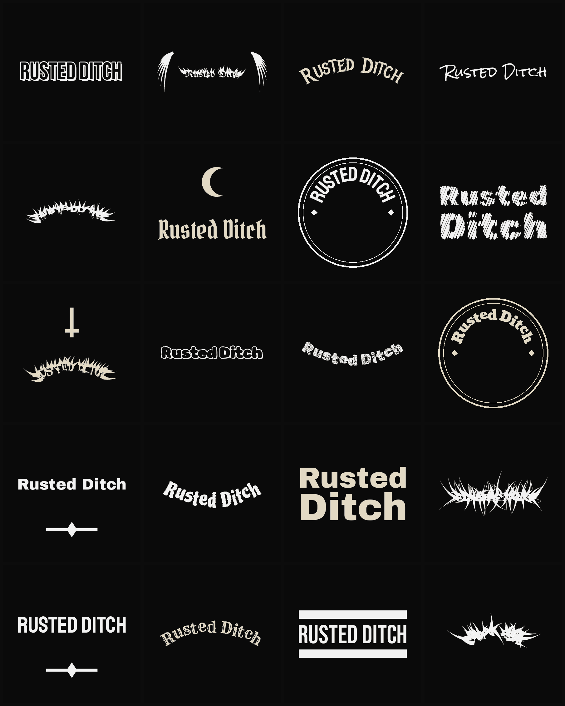 Twenty Rusted Ditch band logo ideas — different faces, treatments and spike settings