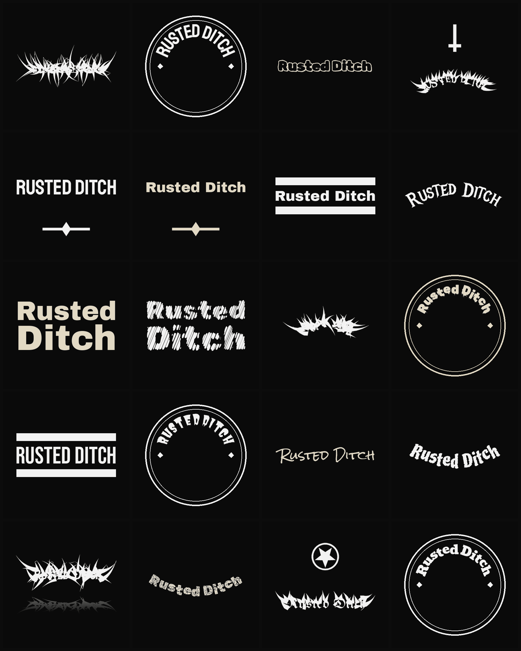 Twenty Rusted Ditch band logo ideas — different faces, treatments and spike settings