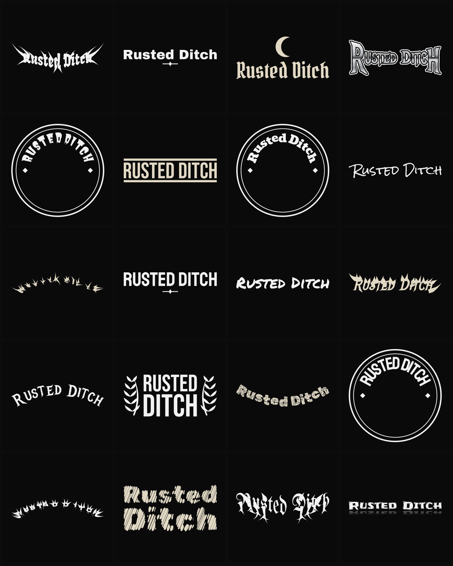Twenty Rusted Ditch band logo ideas — different faces, treatments and spike settings