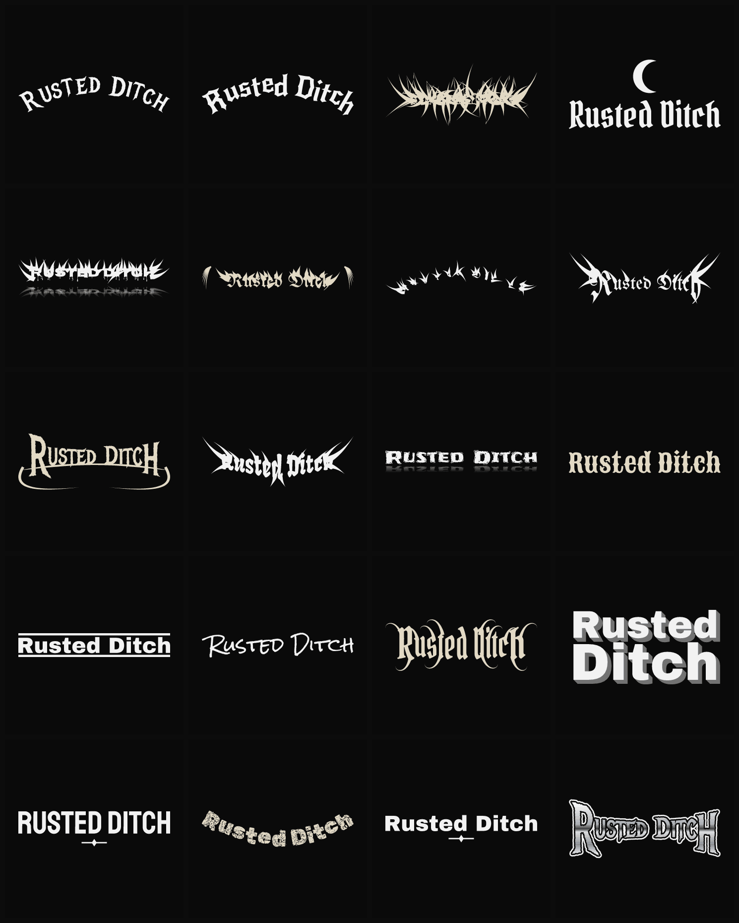 Twenty Rusted Ditch band logo ideas — different faces, treatments and spike settings