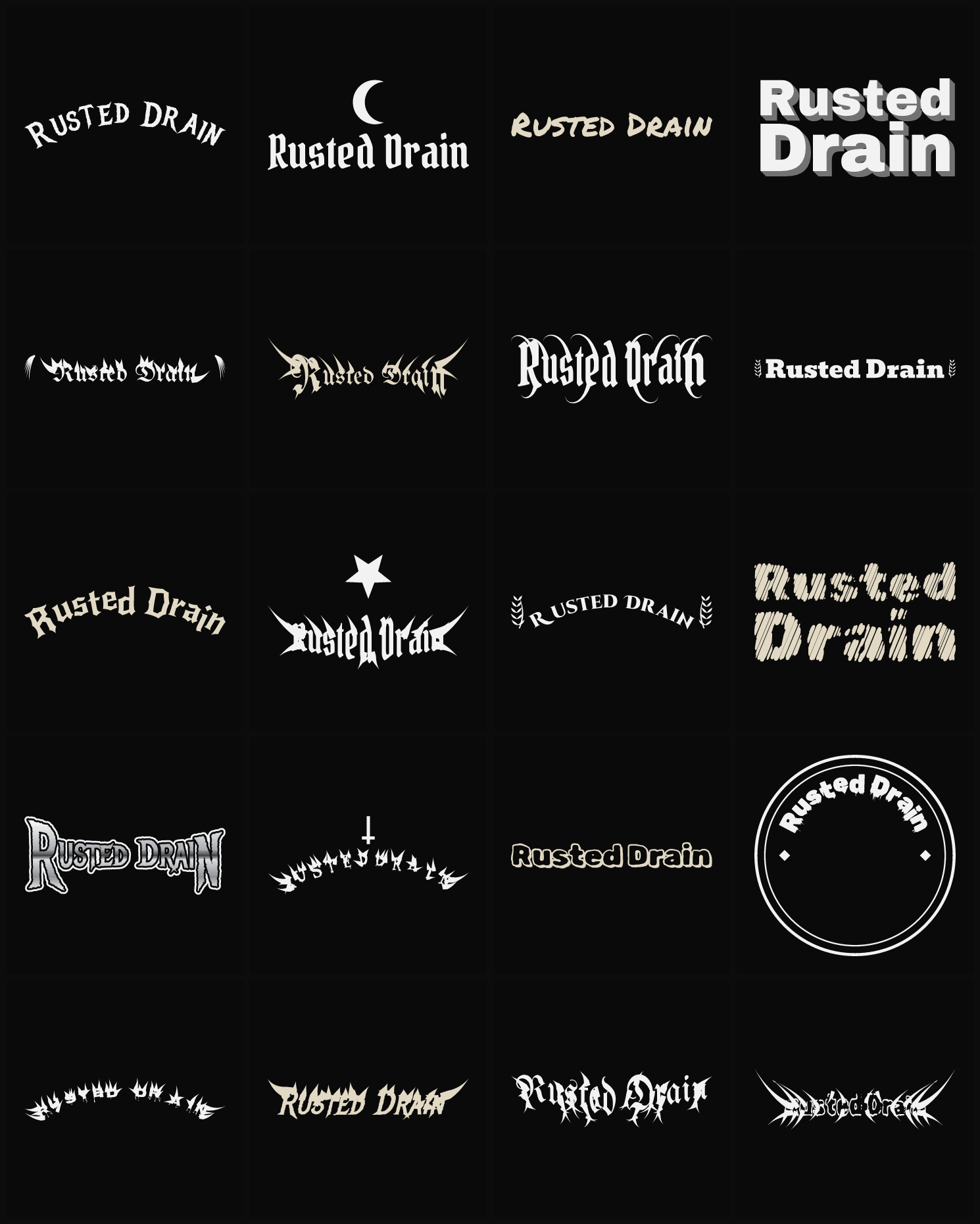 Twenty Rusted Drain band logo ideas — different faces, treatments and spike settings