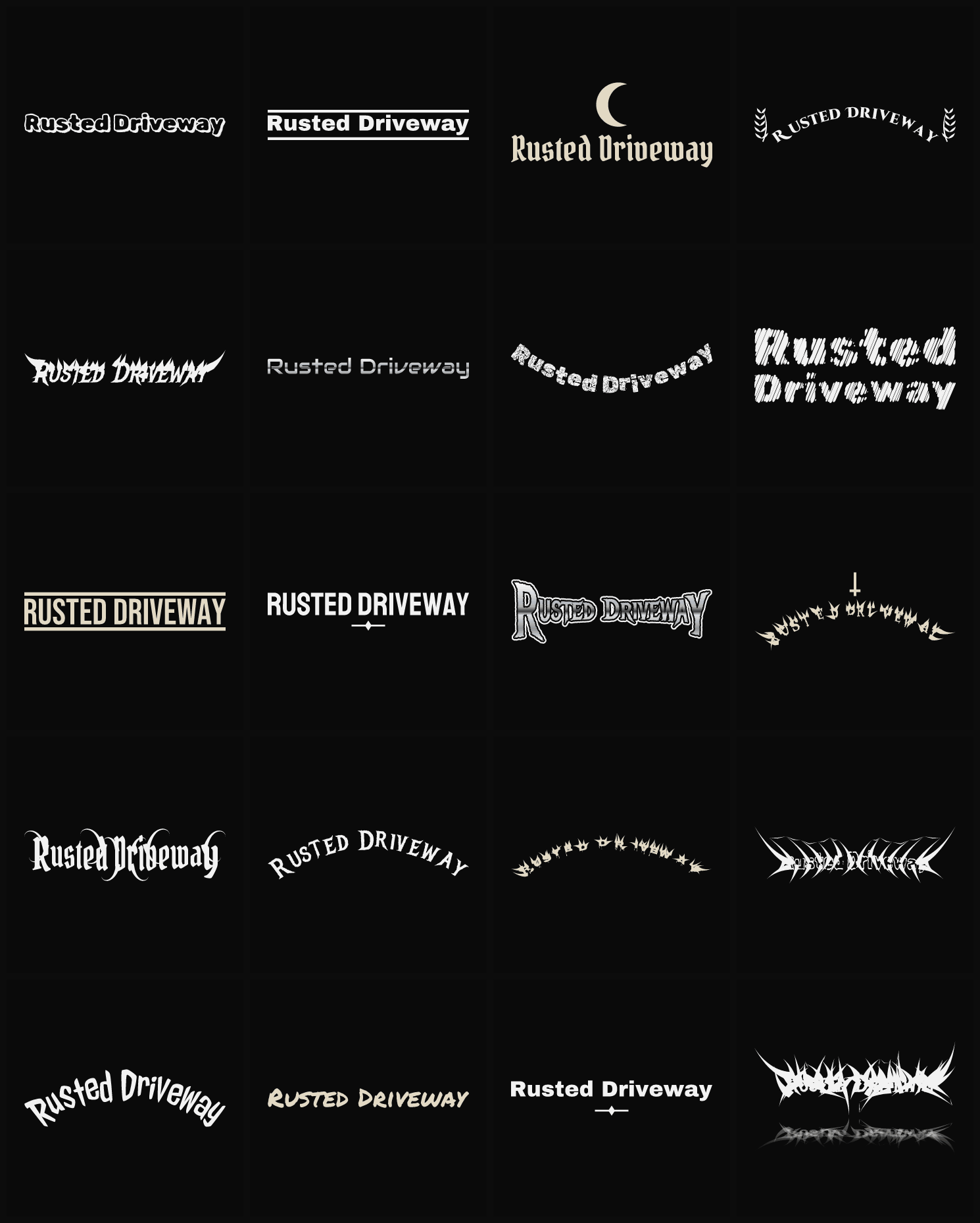 Twenty Rusted Driveway band logo ideas — different faces, treatments and spike settings
