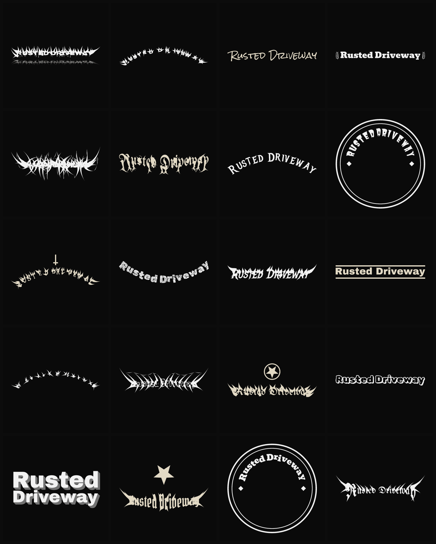 Twenty Rusted Driveway band logo ideas — different faces, treatments and spike settings