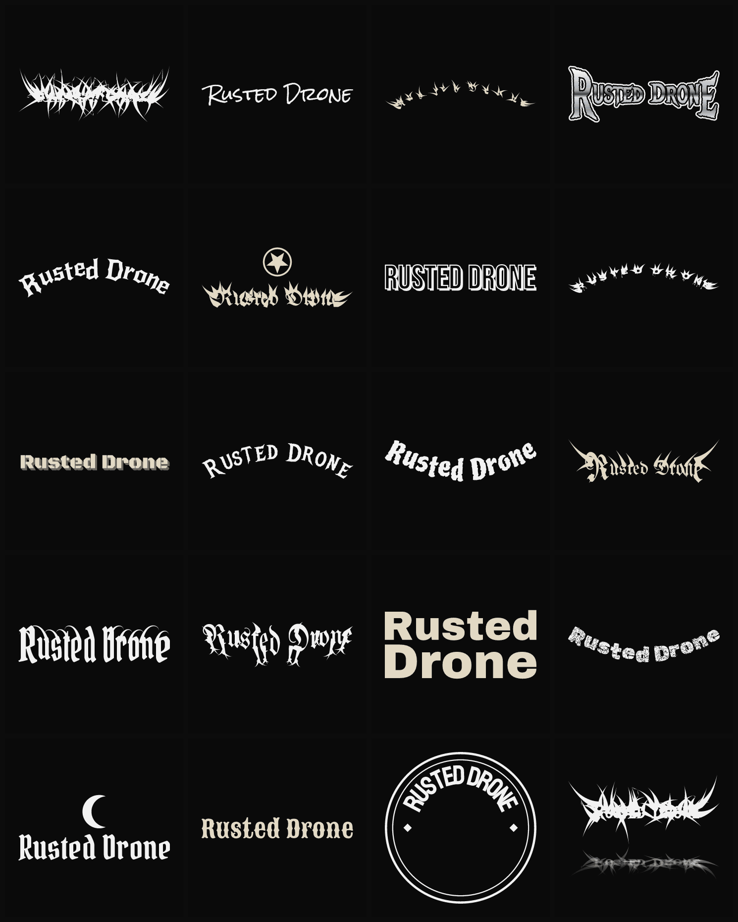 Twenty Rusted Drone band logo ideas — different faces, treatments and spike settings
