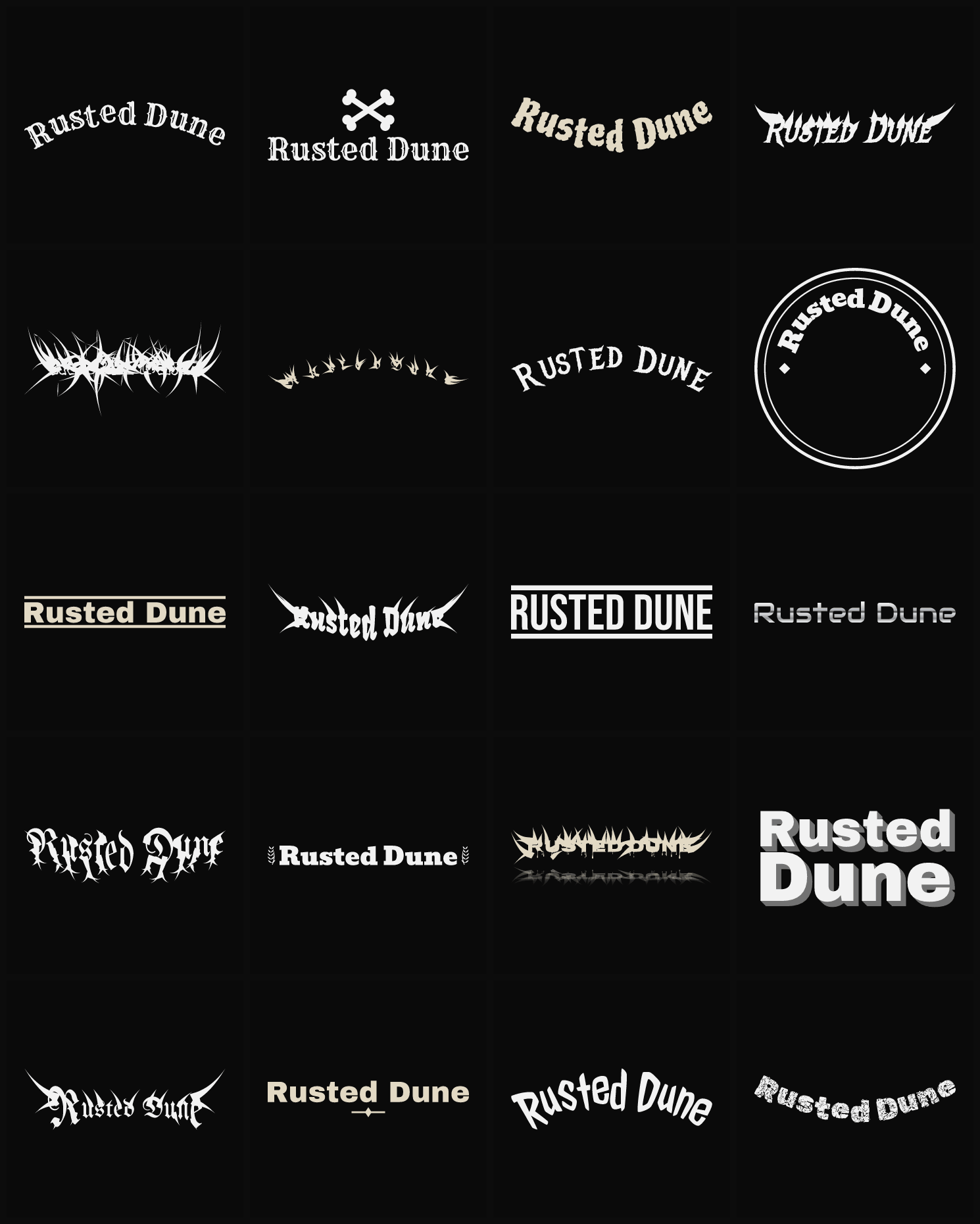 Twenty Rusted Dune band logo ideas — different faces, treatments and spike settings