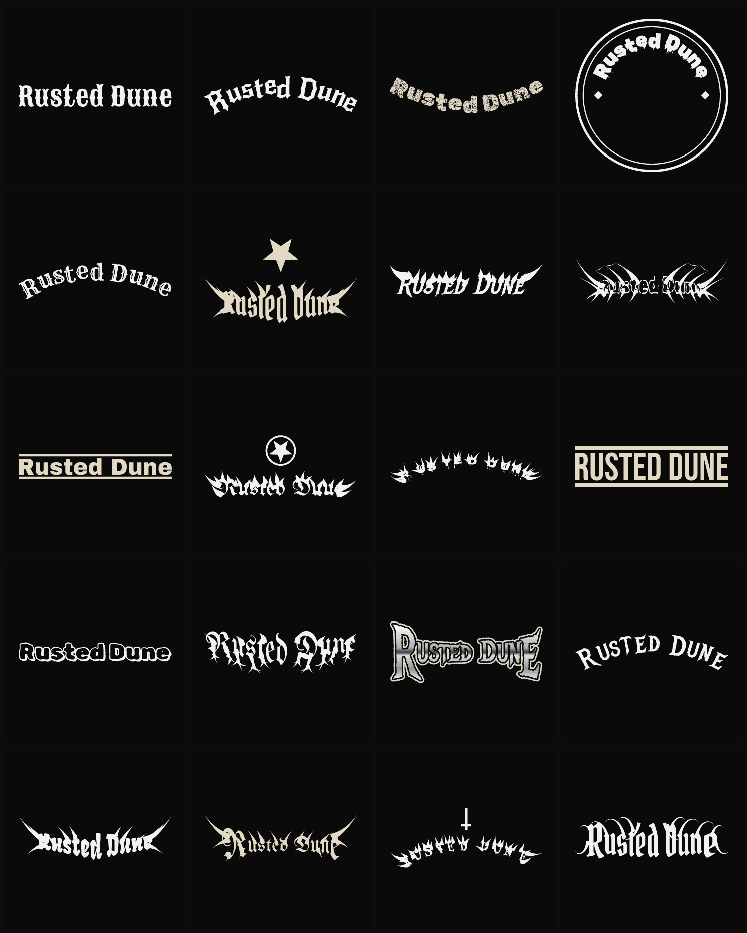 Twenty Rusted Dune band logo ideas — different faces, treatments and spike settings