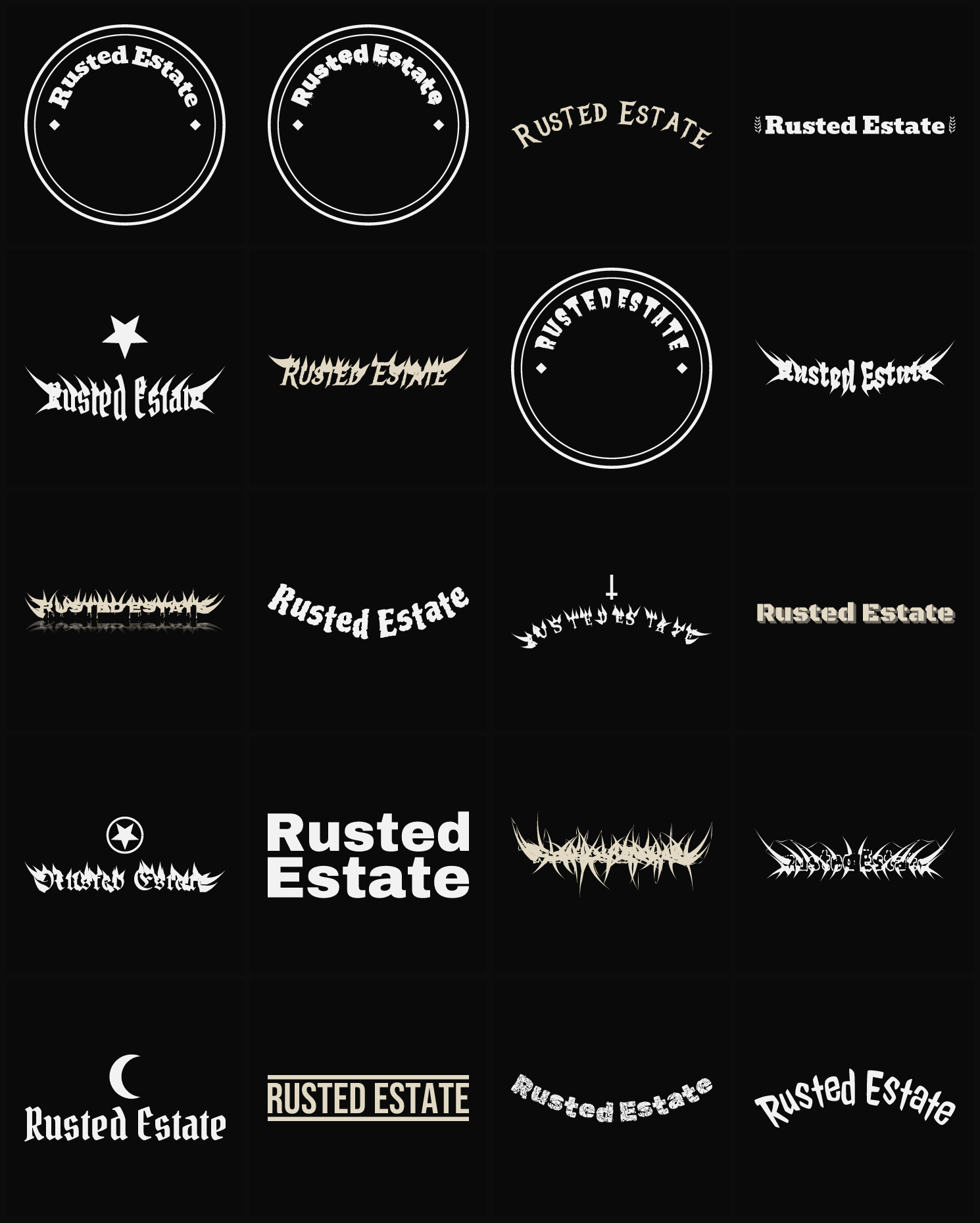 Twenty Rusted Estate band logo ideas — different faces, treatments and spike settings