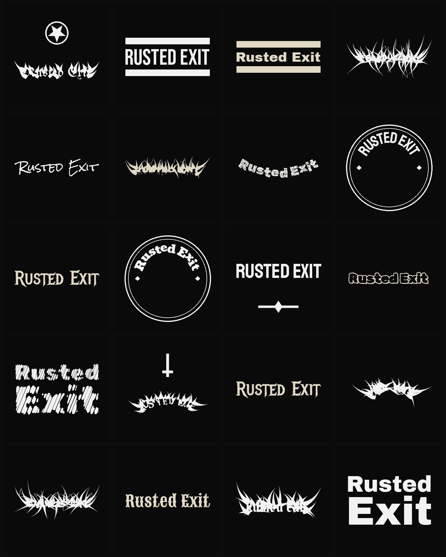 Twenty Rusted Exit band logo ideas — different faces, treatments and spike settings