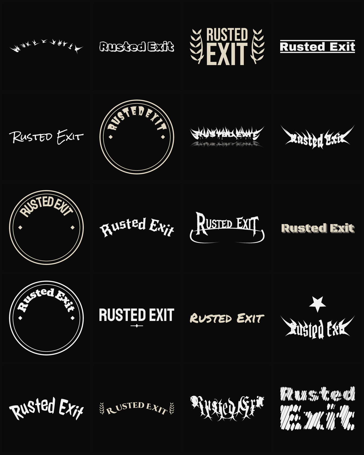 Twenty Rusted Exit band logo ideas — different faces, treatments and spike settings