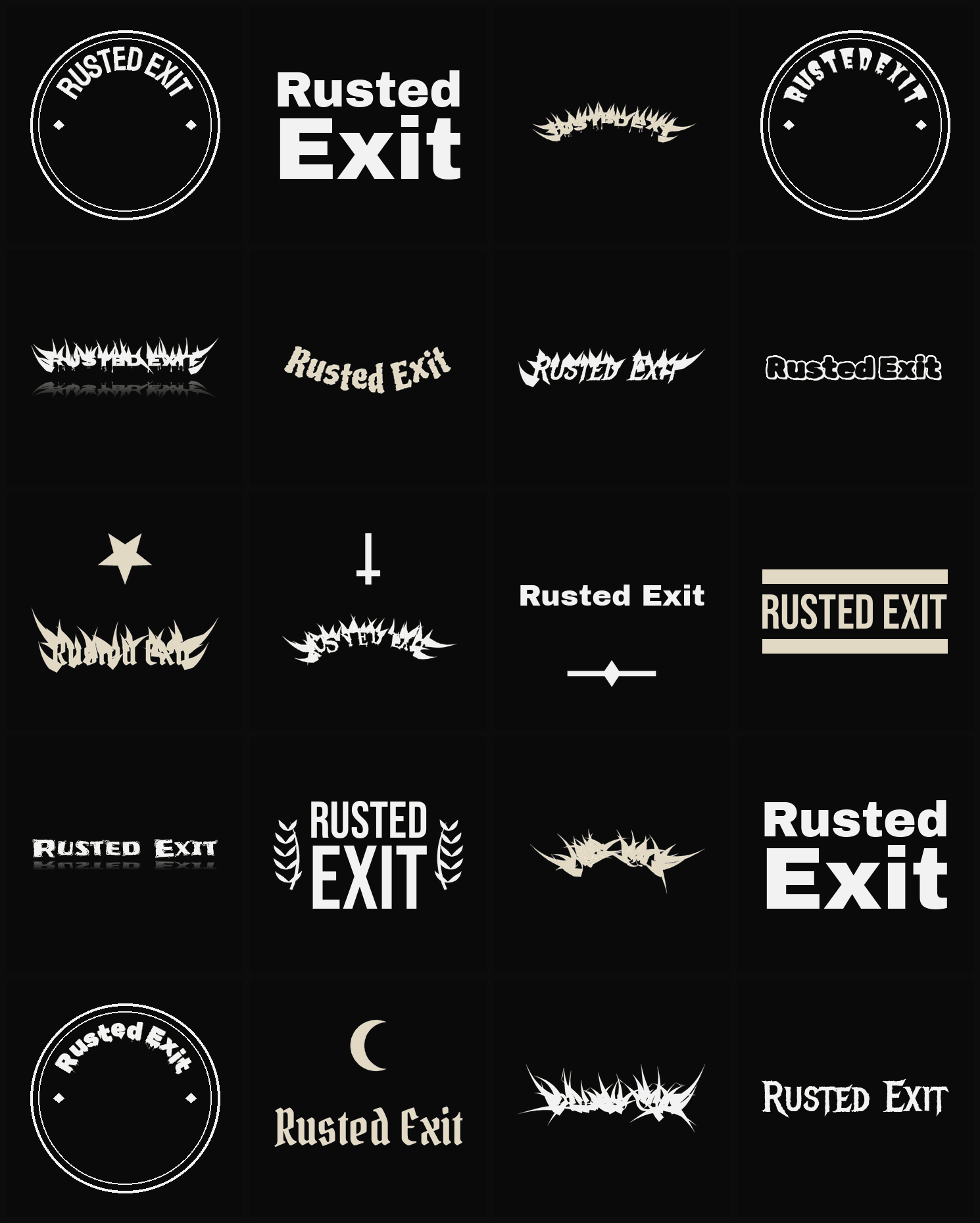 Twenty Rusted Exit band logo ideas — different faces, treatments and spike settings