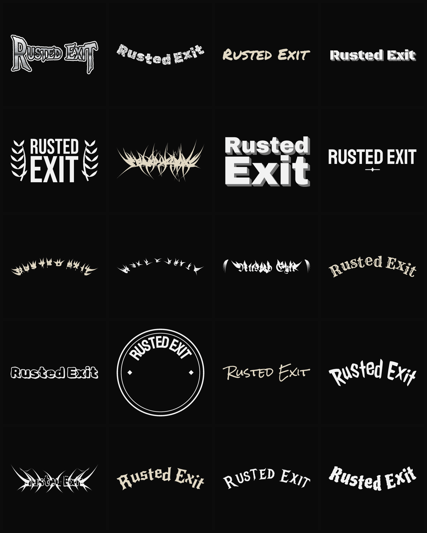Twenty Rusted Exit band logo ideas — different faces, treatments and spike settings