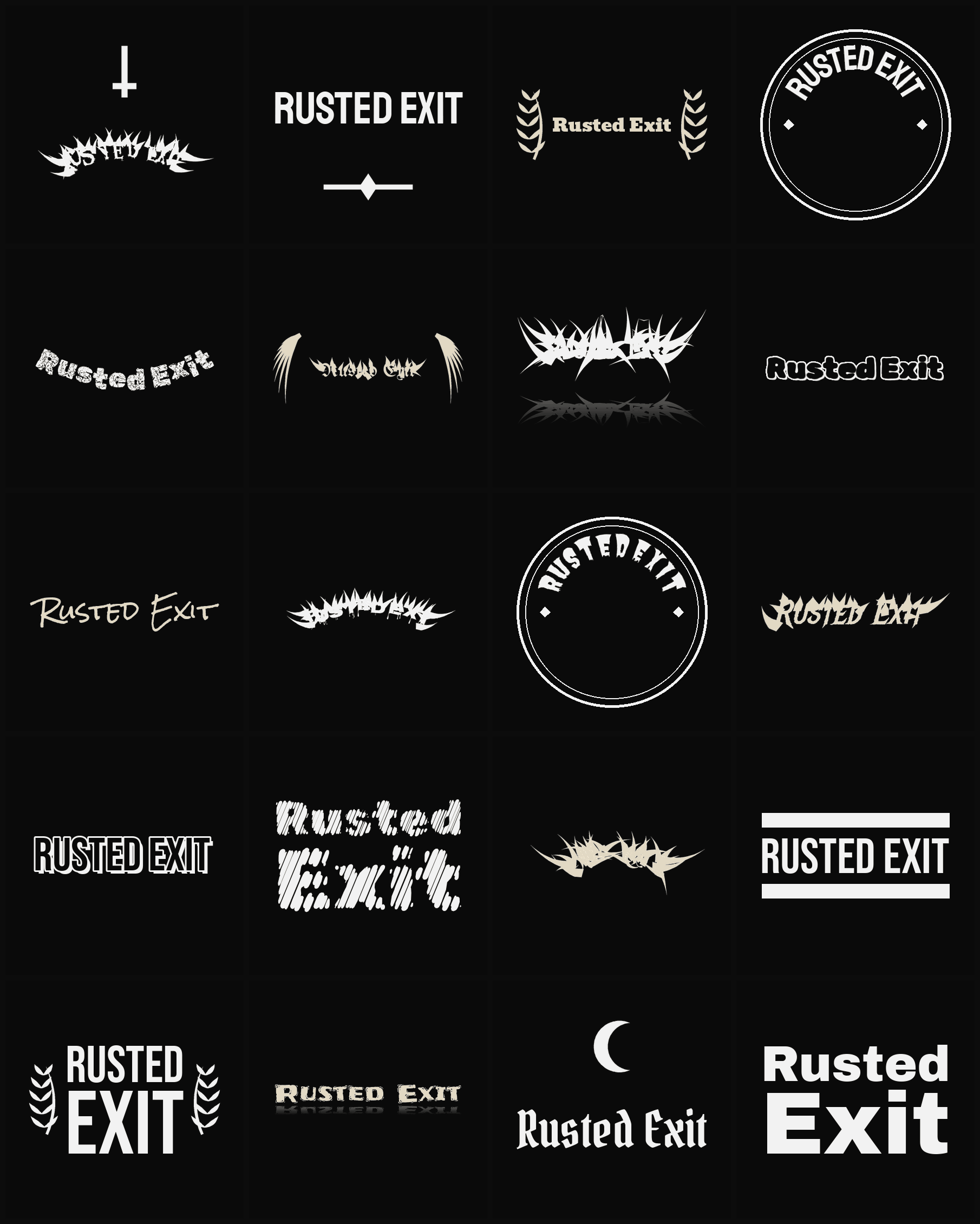 Twenty Rusted Exit band logo ideas — different faces, treatments and spike settings