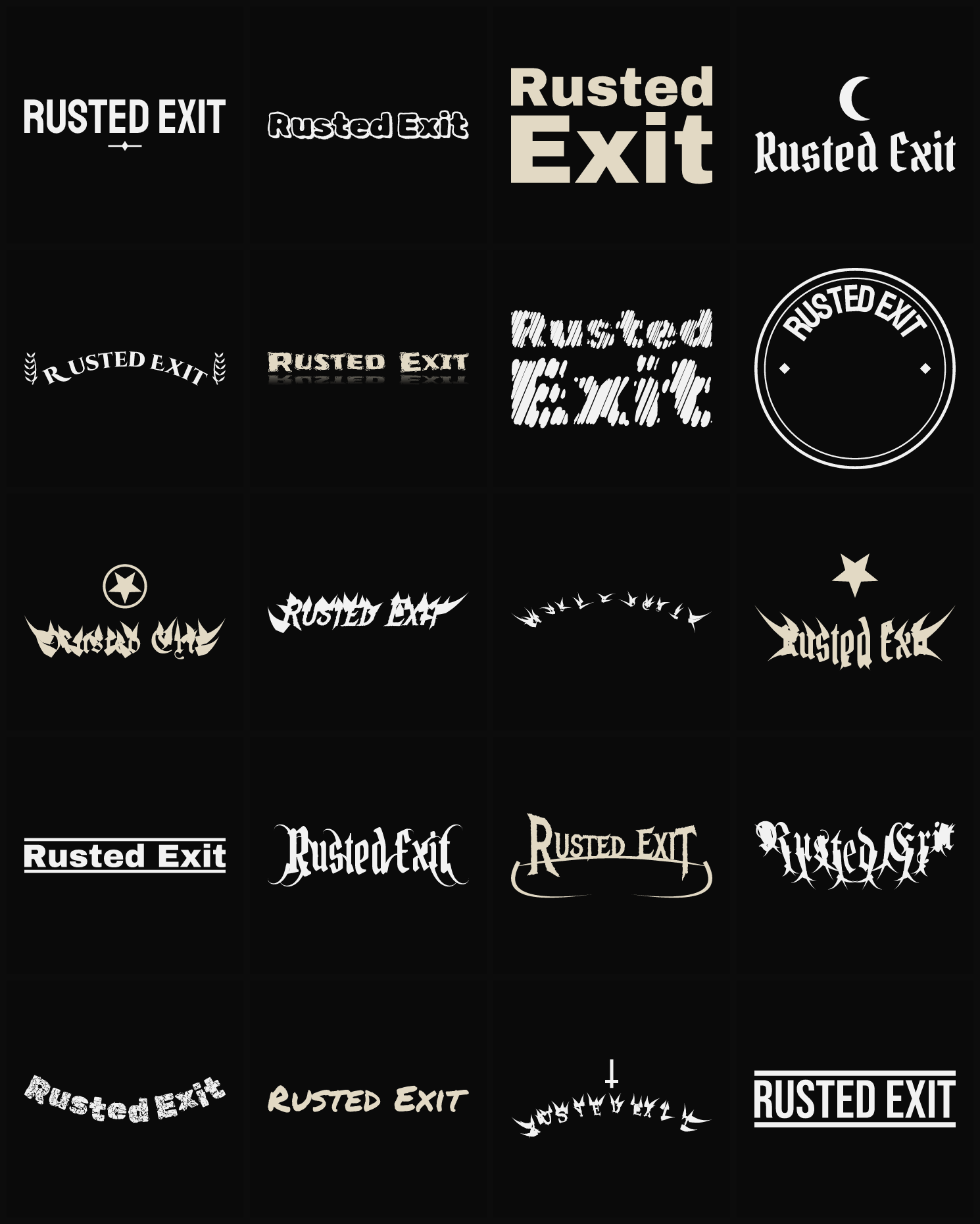 Twenty Rusted Exit band logo ideas — different faces, treatments and spike settings