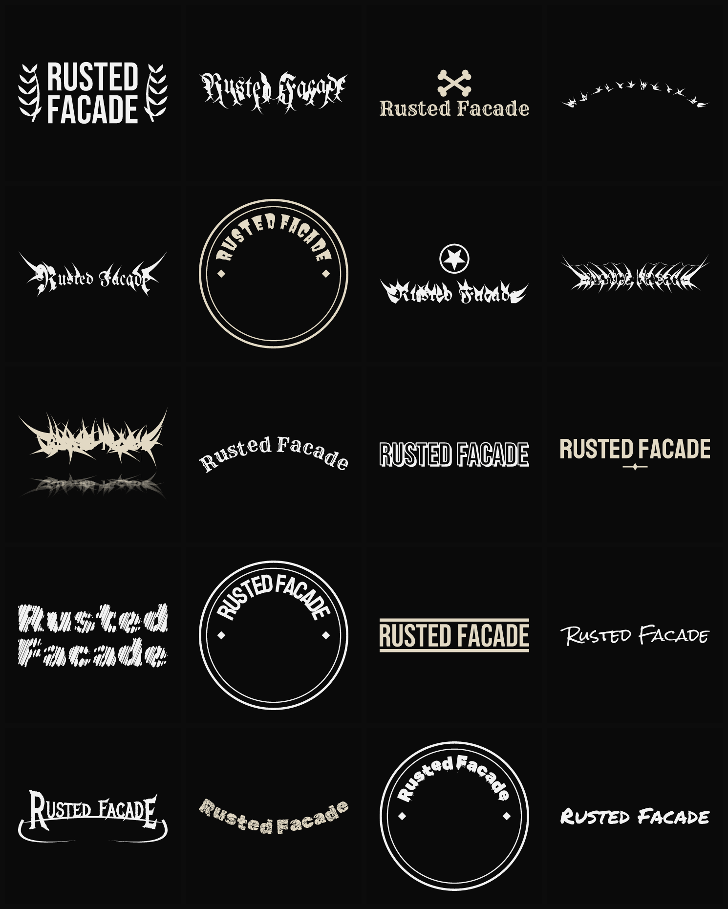 Twenty Rusted Facade band logo ideas — different faces, treatments and spike settings