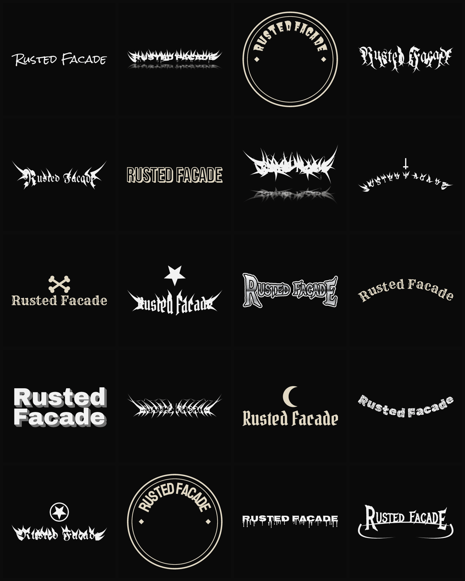 Twenty Rusted Facade band logo ideas — different faces, treatments and spike settings