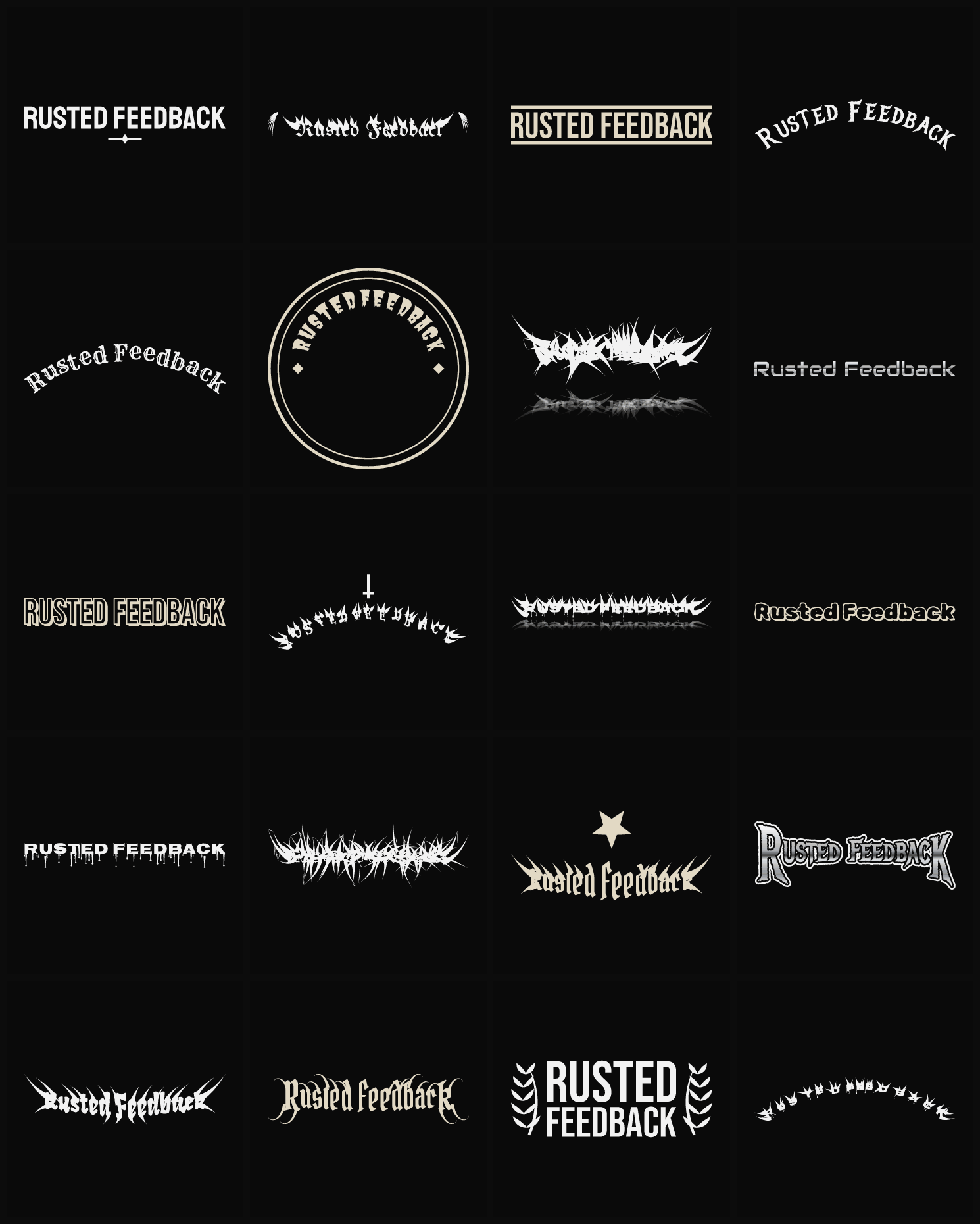 Twenty Rusted Feedback band logo ideas — different faces, treatments and spike settings