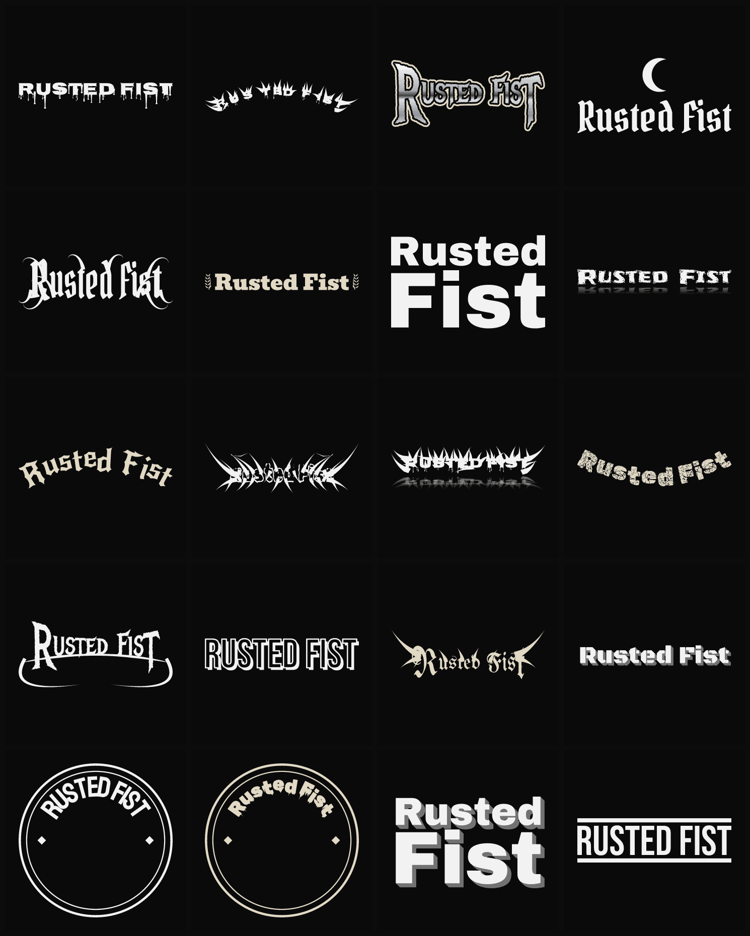 Twenty Rusted Fist band logo ideas — different faces, treatments and spike settings