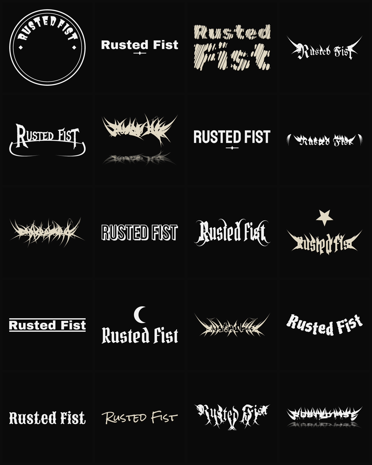 Twenty Rusted Fist band logo ideas — different faces, treatments and spike settings