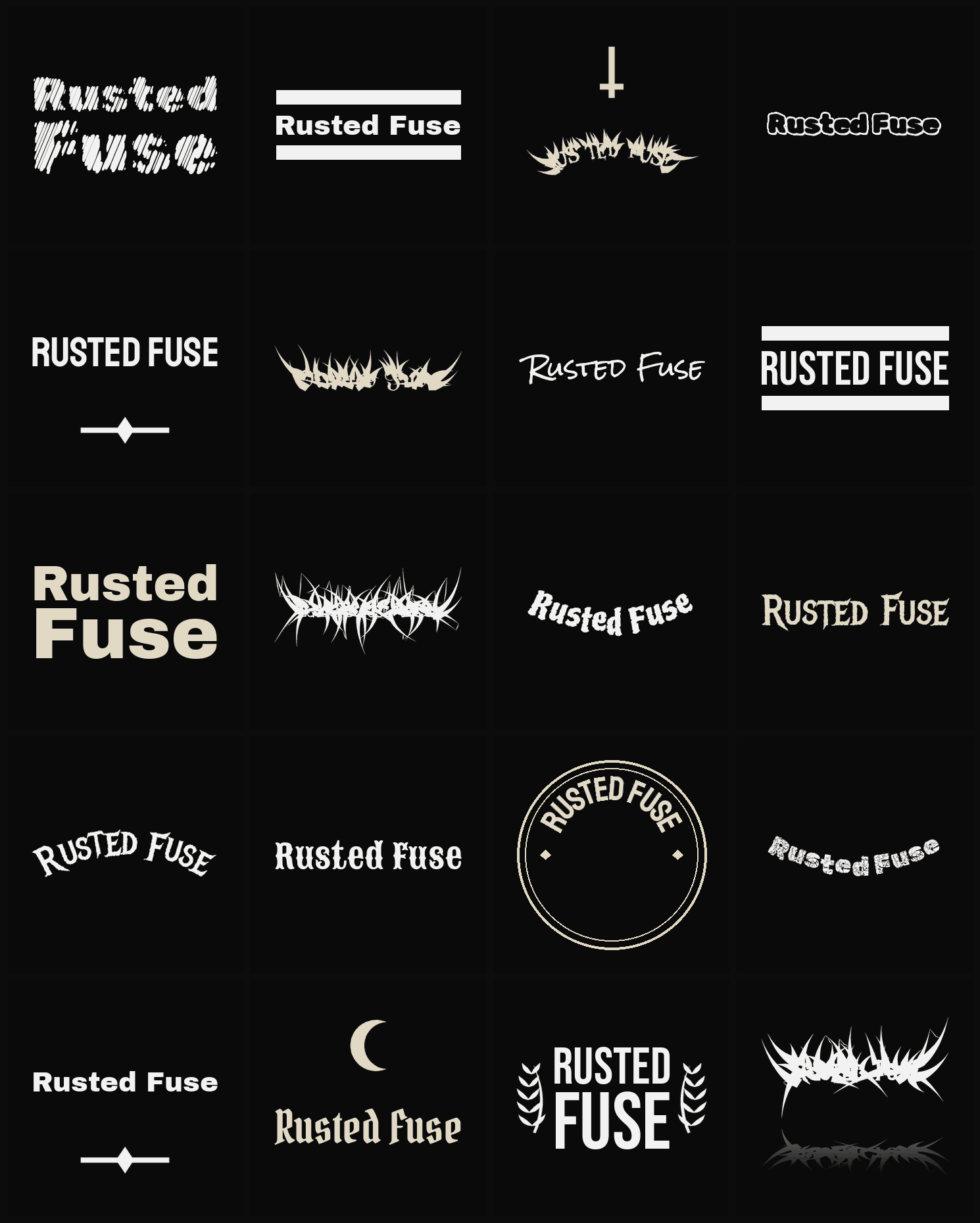 Twenty Rusted Fuse band logo ideas — different faces, treatments and spike settings