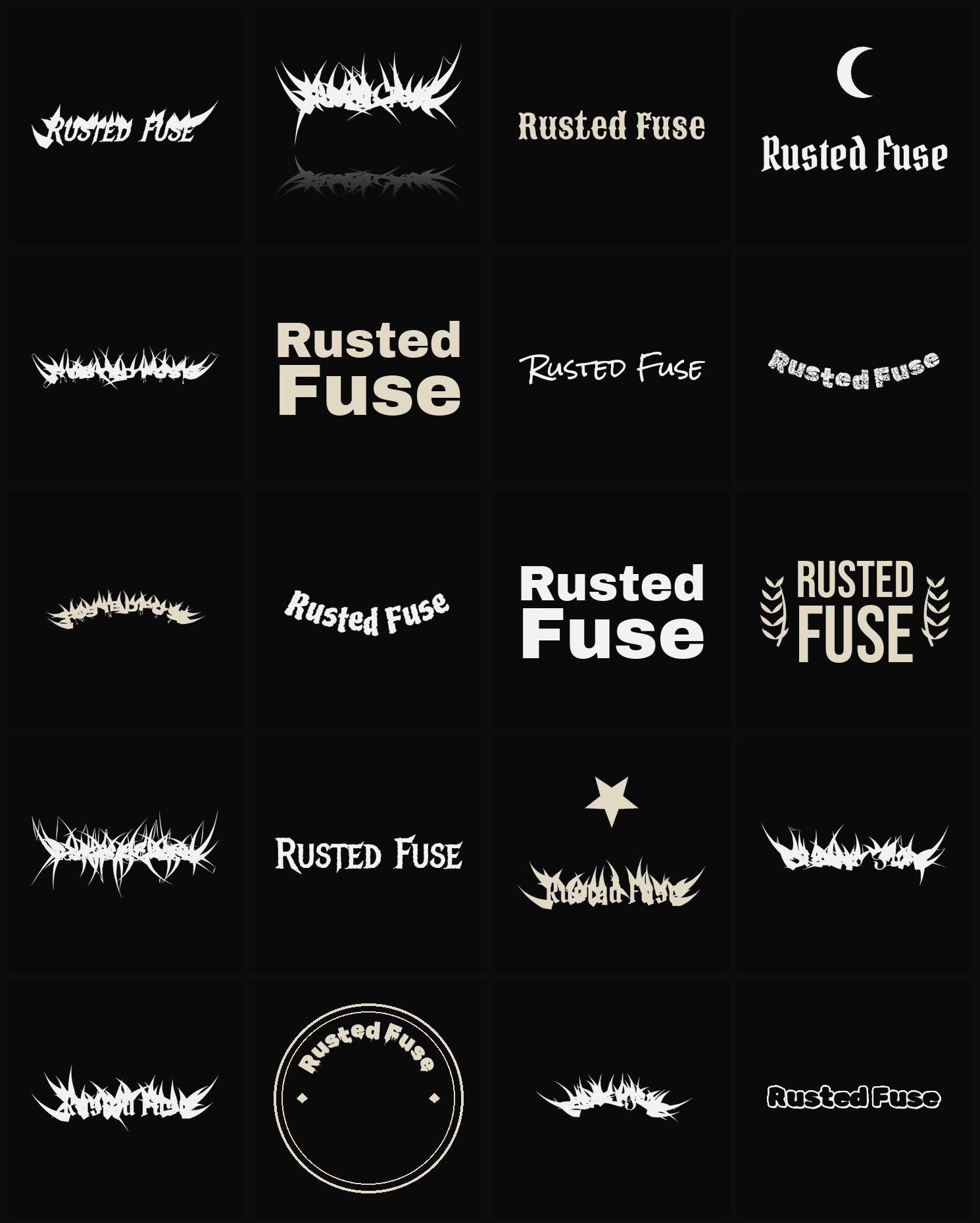 Twenty Rusted Fuse band logo ideas — different faces, treatments and spike settings