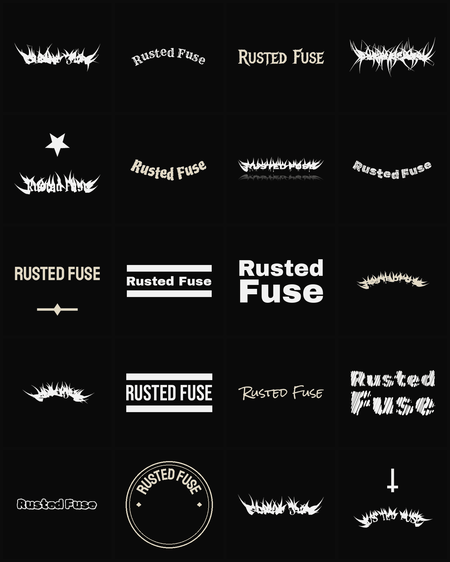 Twenty Rusted Fuse band logo ideas — different faces, treatments and spike settings