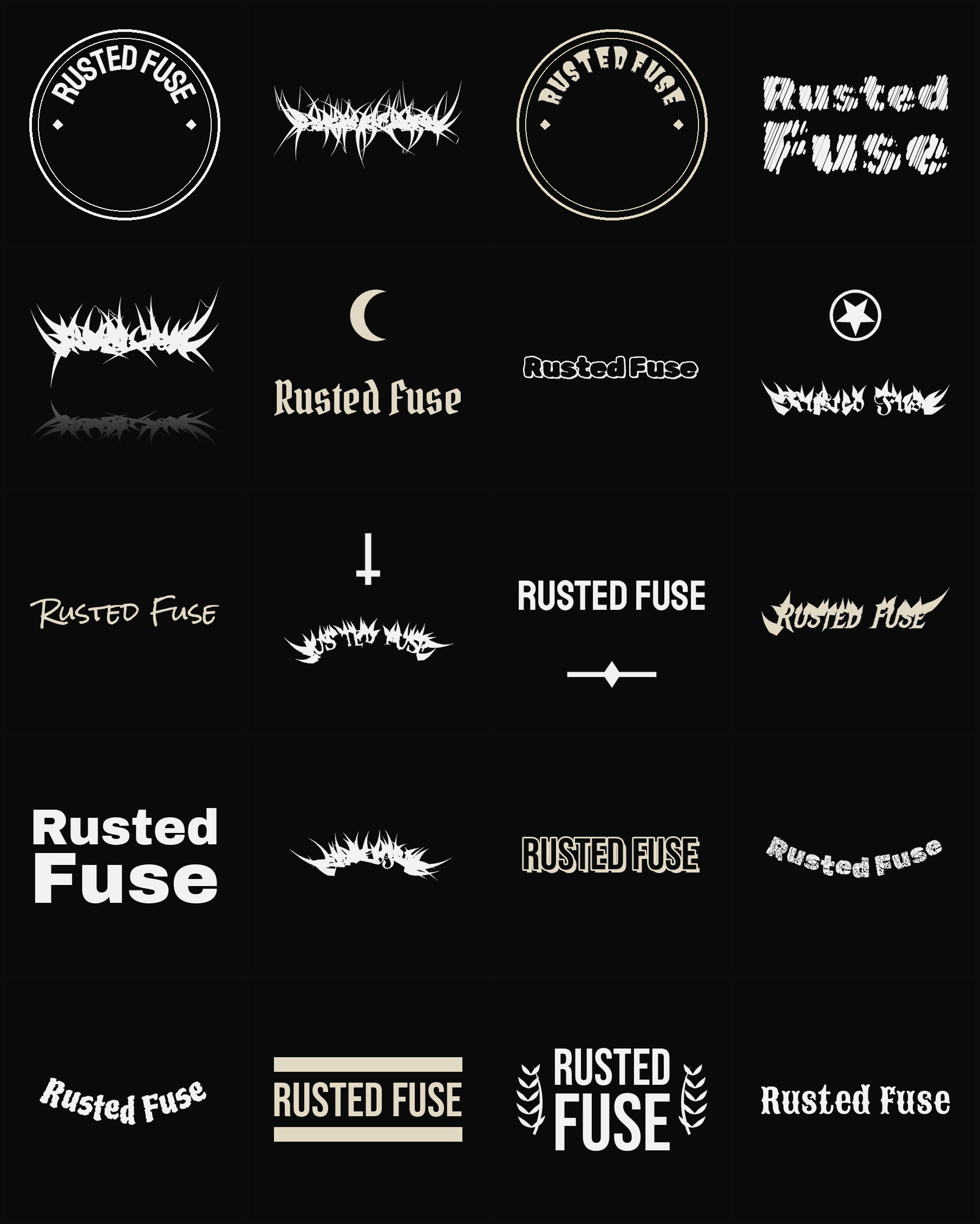 Twenty Rusted Fuse band logo ideas — different faces, treatments and spike settings