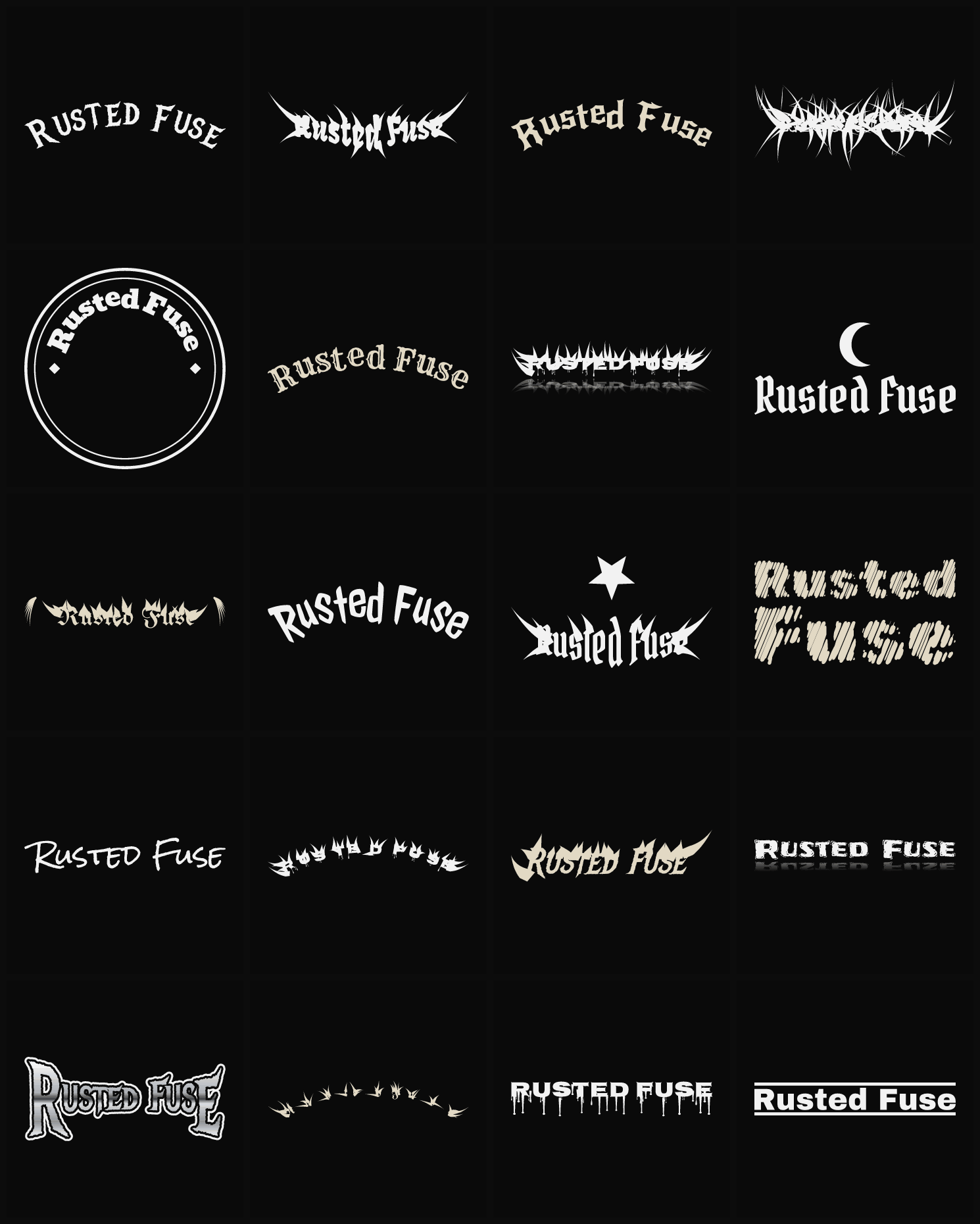 Twenty Rusted Fuse band logo ideas — different faces, treatments and spike settings