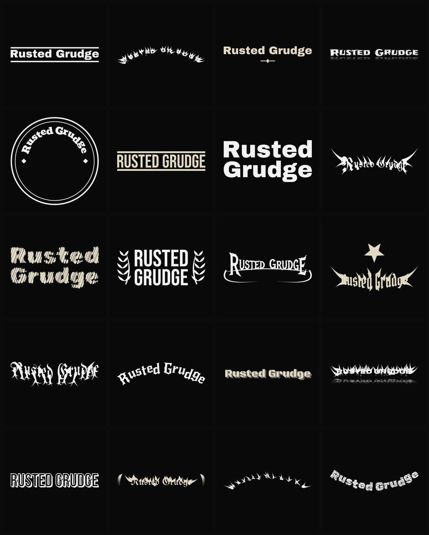 Twenty Rusted Grudge band logo ideas — different faces, treatments and spike settings